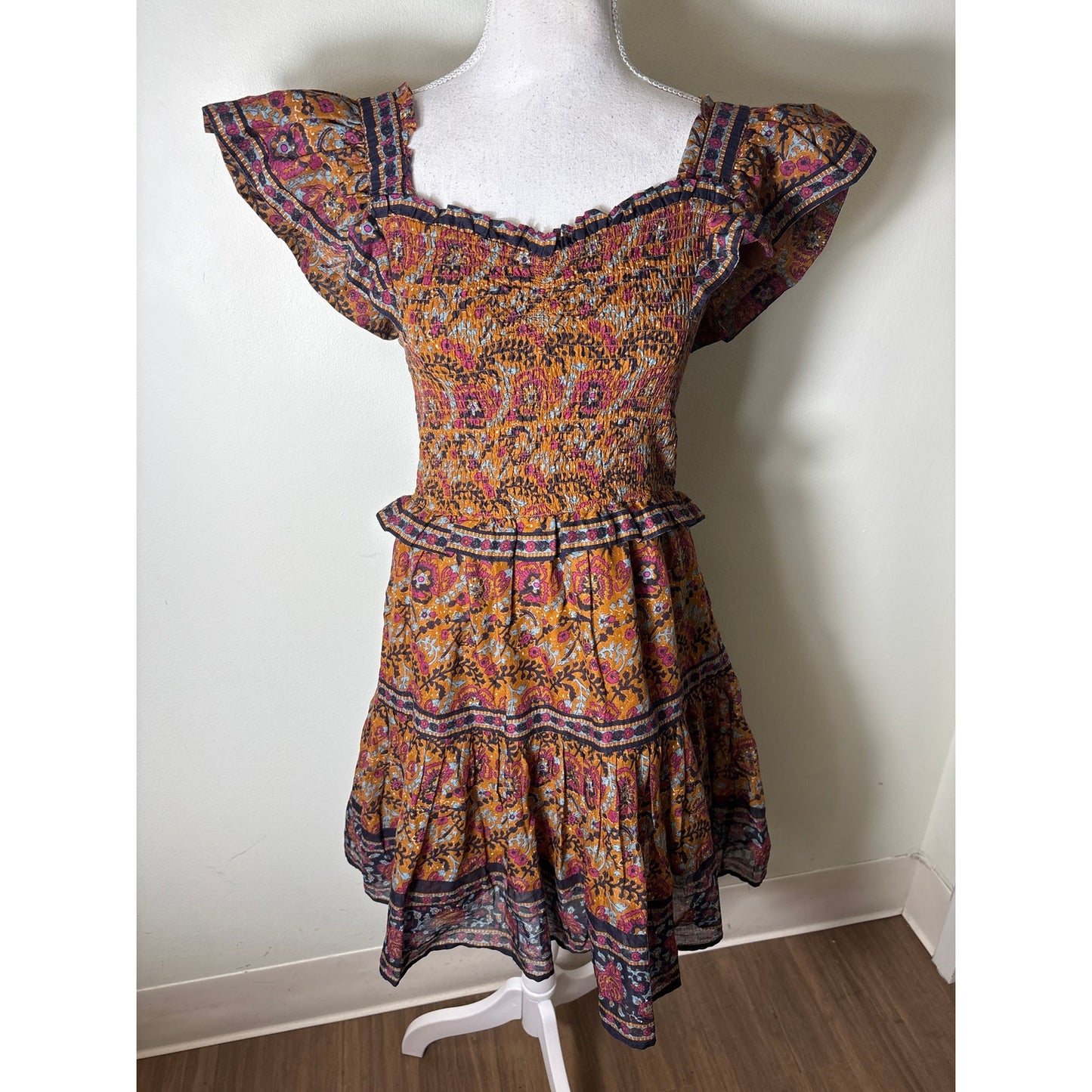 Sea New York Multicolor Flutter Sleeve Cotton Smocked Dress Sz S
