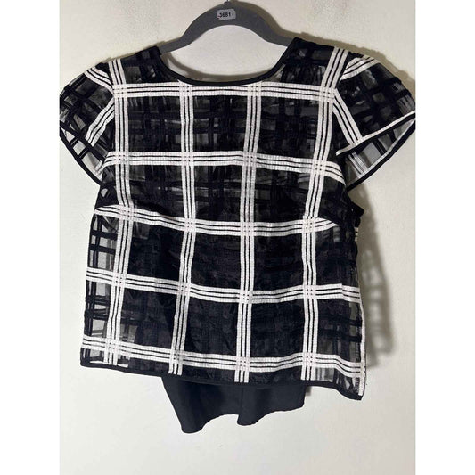 Milly Black White Large Plaid Sheer Short Sleeve Top Sz 6