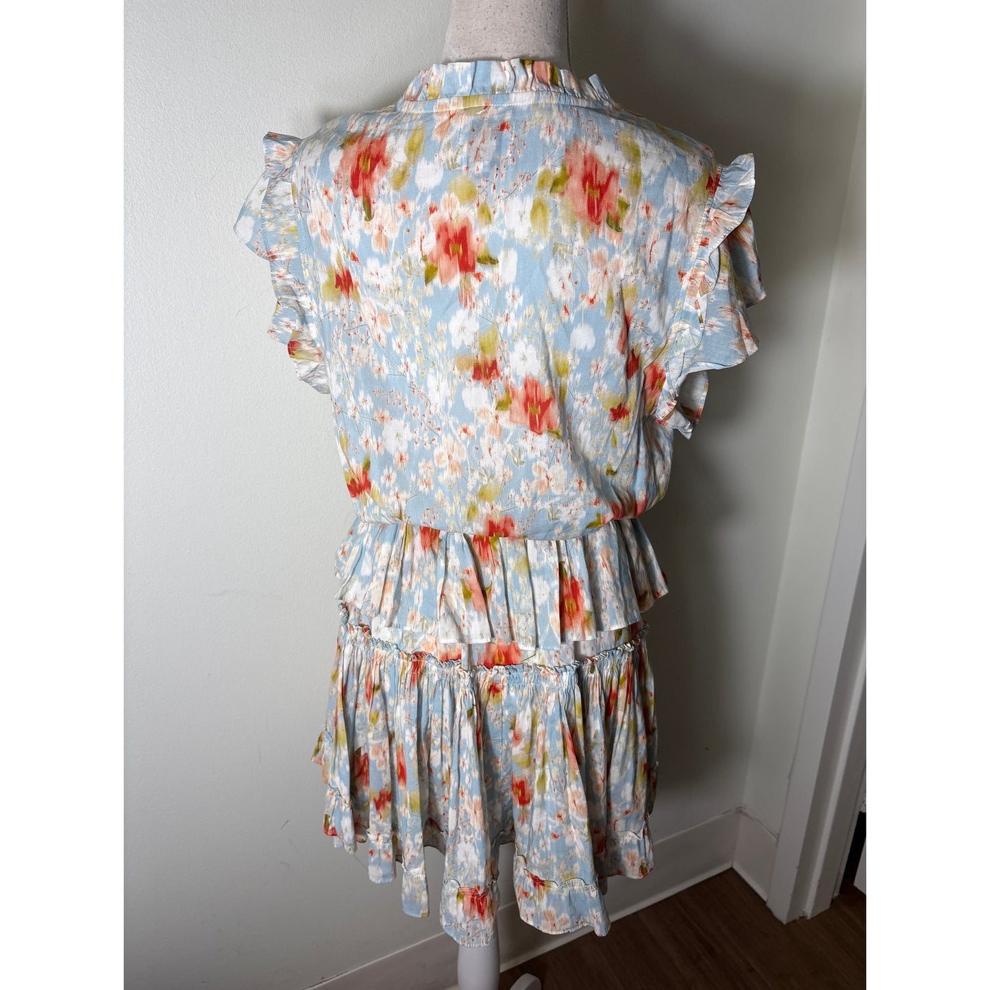 Misa Pastel Ruffle Tiered Fluttere Sleeve Mini Dress Sz S