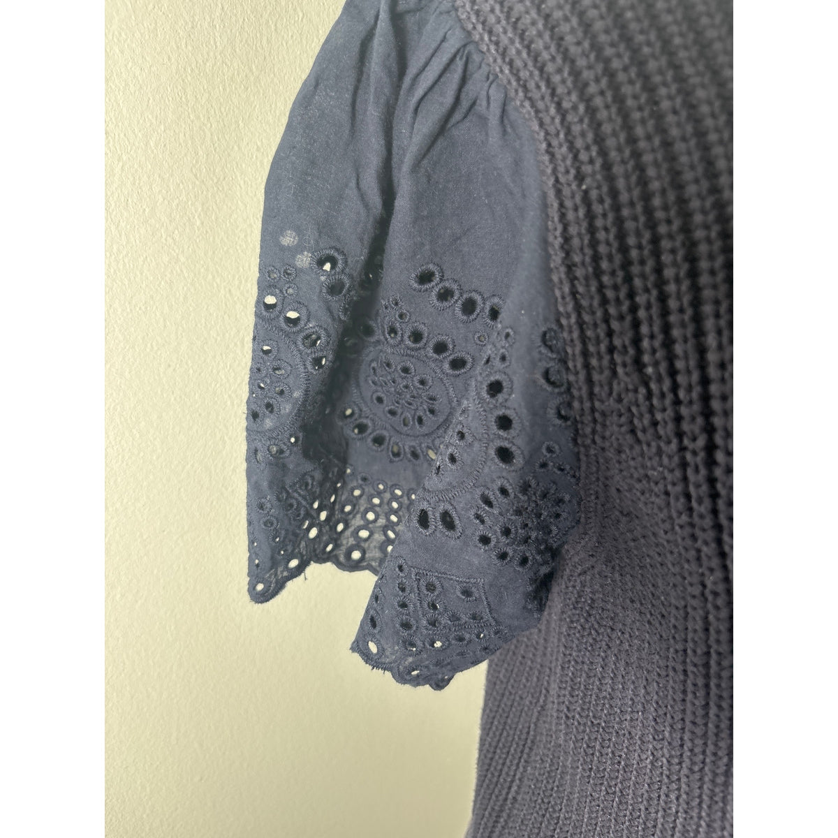 Lilla P Navy Sweater With Eyelet Flutter Sleeve Top Sz L