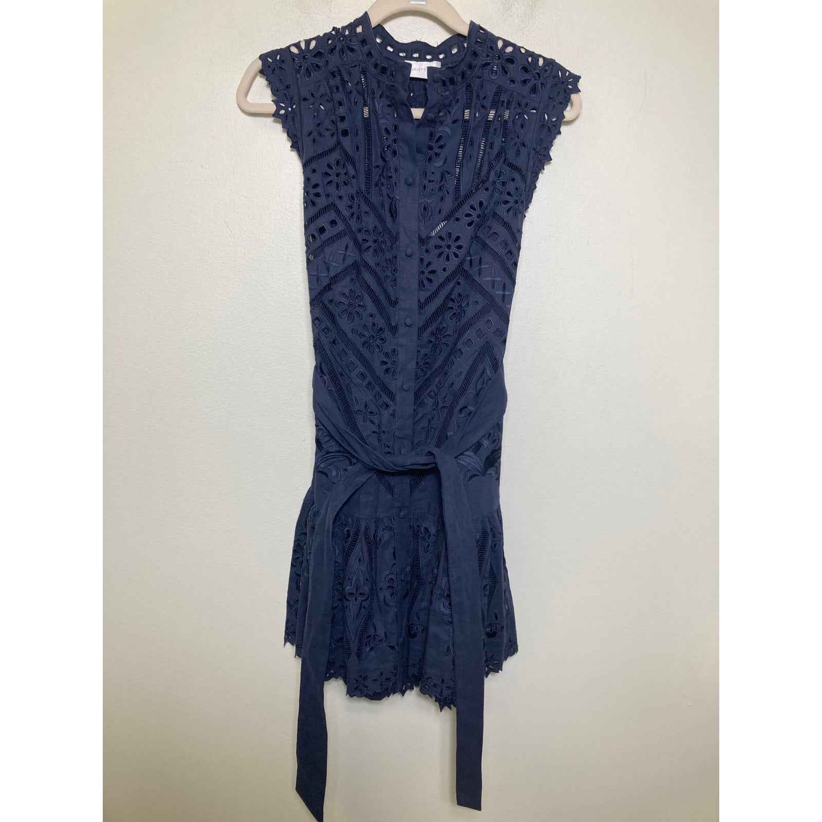 Christy Lynn Navy Sleeveless Drop Waist Eyelet Dress Ties at the Waist Sz M