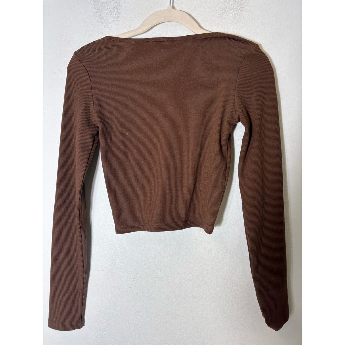 Kittenish Brown Long Sleeve Ribbed Cropped Shirt Sz S