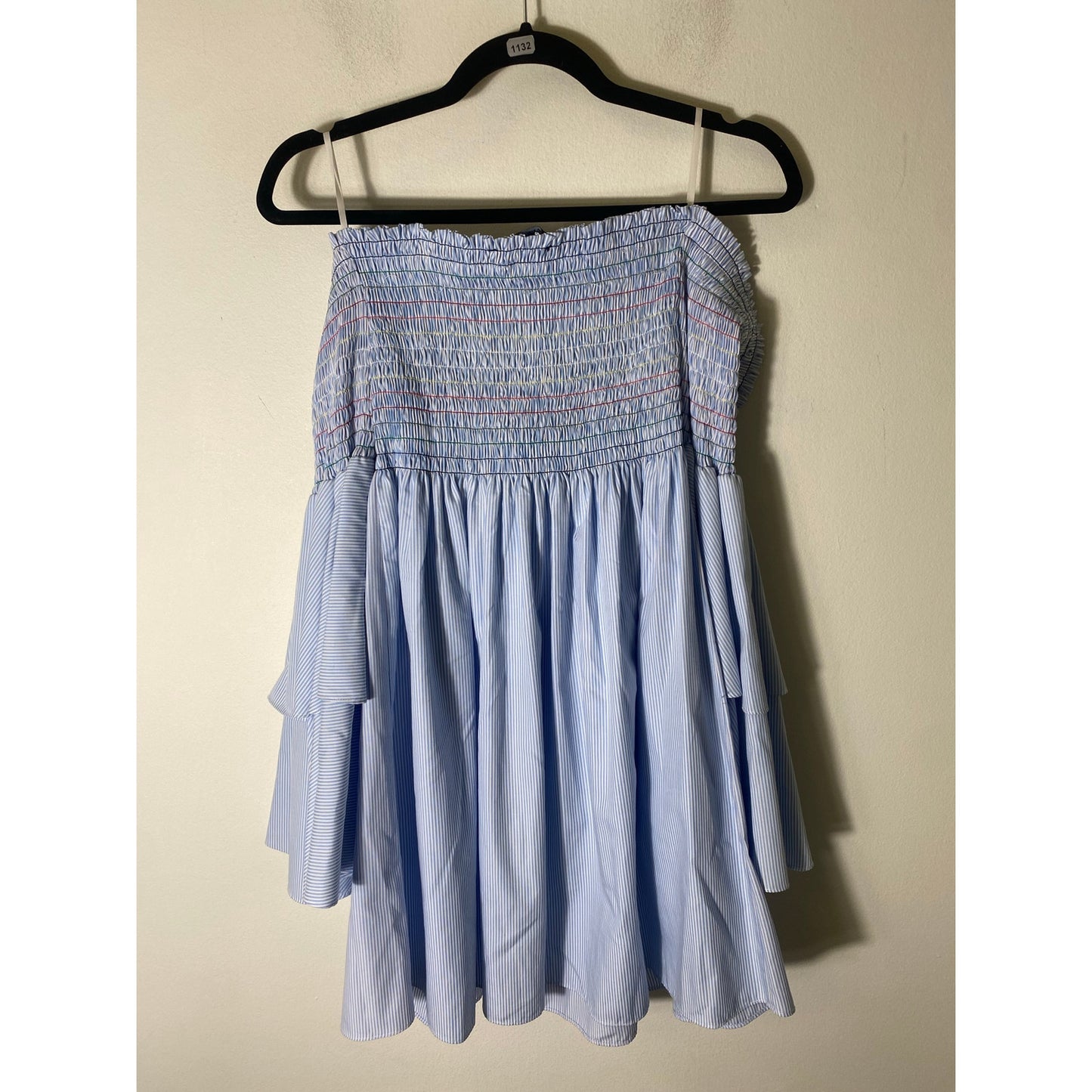 Central Park West Light Blue White Stripe Cold Shoulder Smocked Dress Sz M