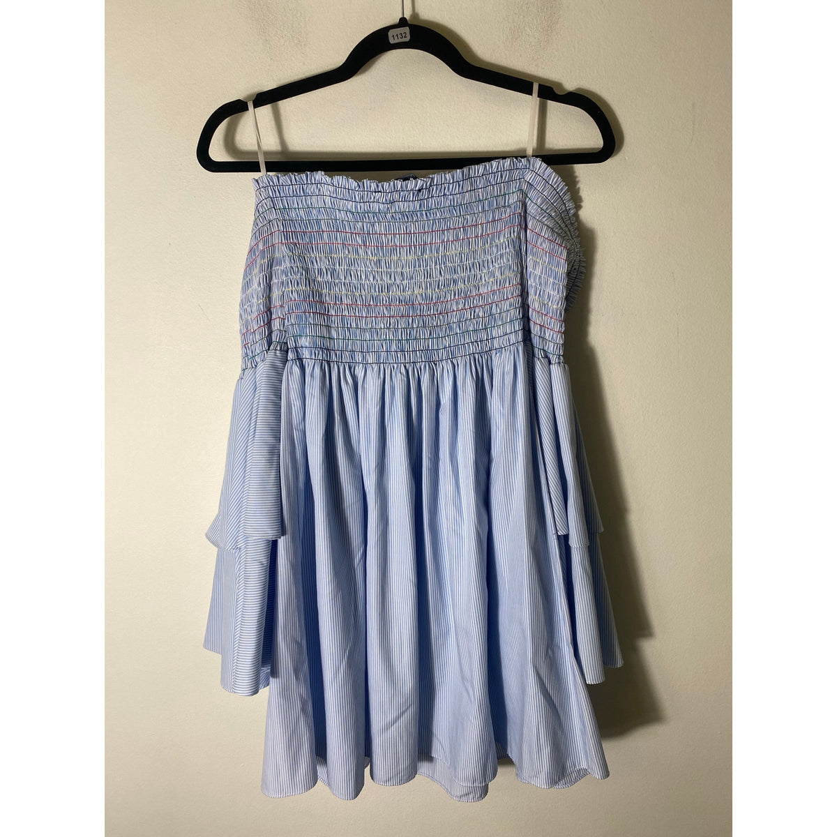 Central Park West Light Blue White Stripe Cold Shoulder Smocked Dress Sz M