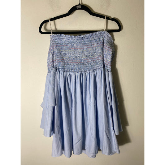Central Park West Light Blue White Stripe Cold Shoulder Smocked Dress Sz M