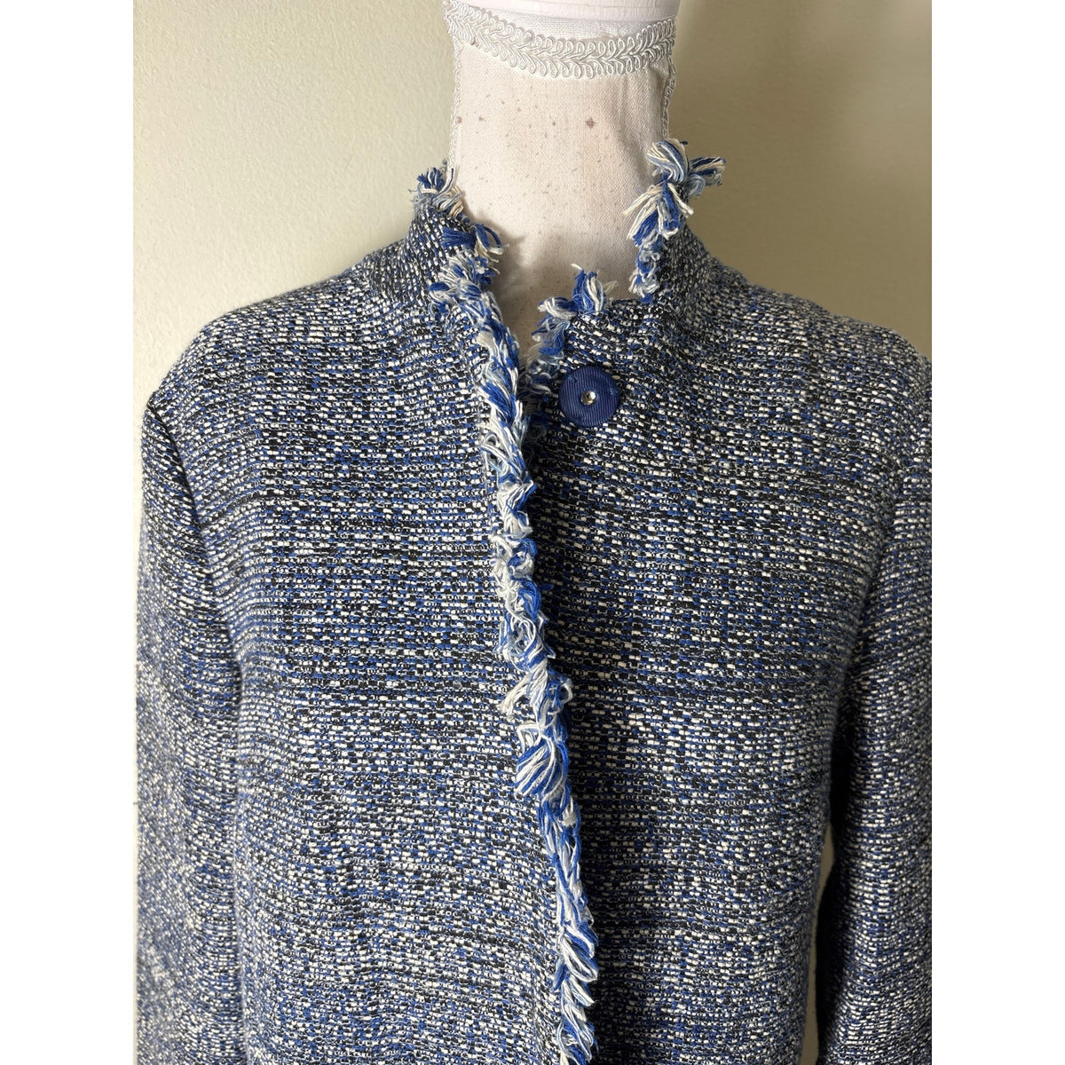 J.McLaughlin Blue and White Tween Fringed Coat Sz M