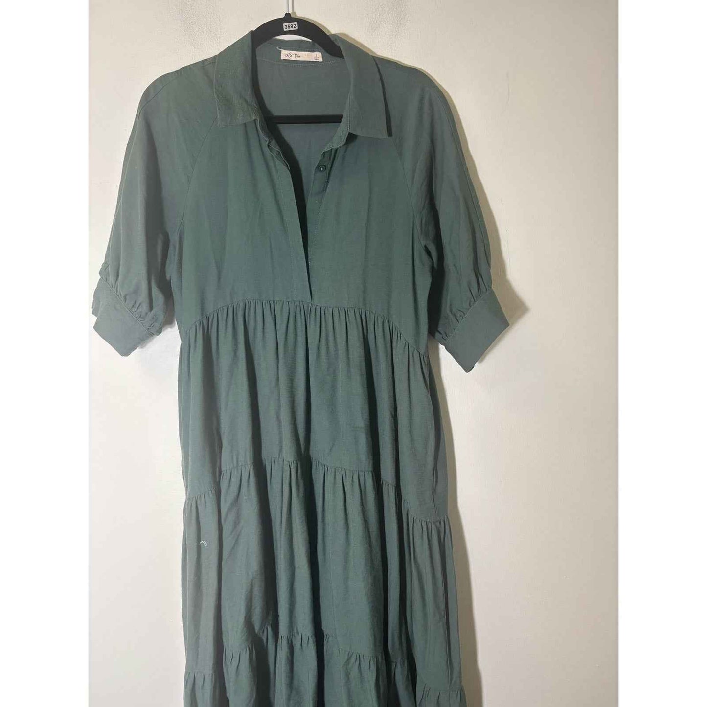 La Ven Dark Green Short Sleeve Tiered Maxi Dress Sz S