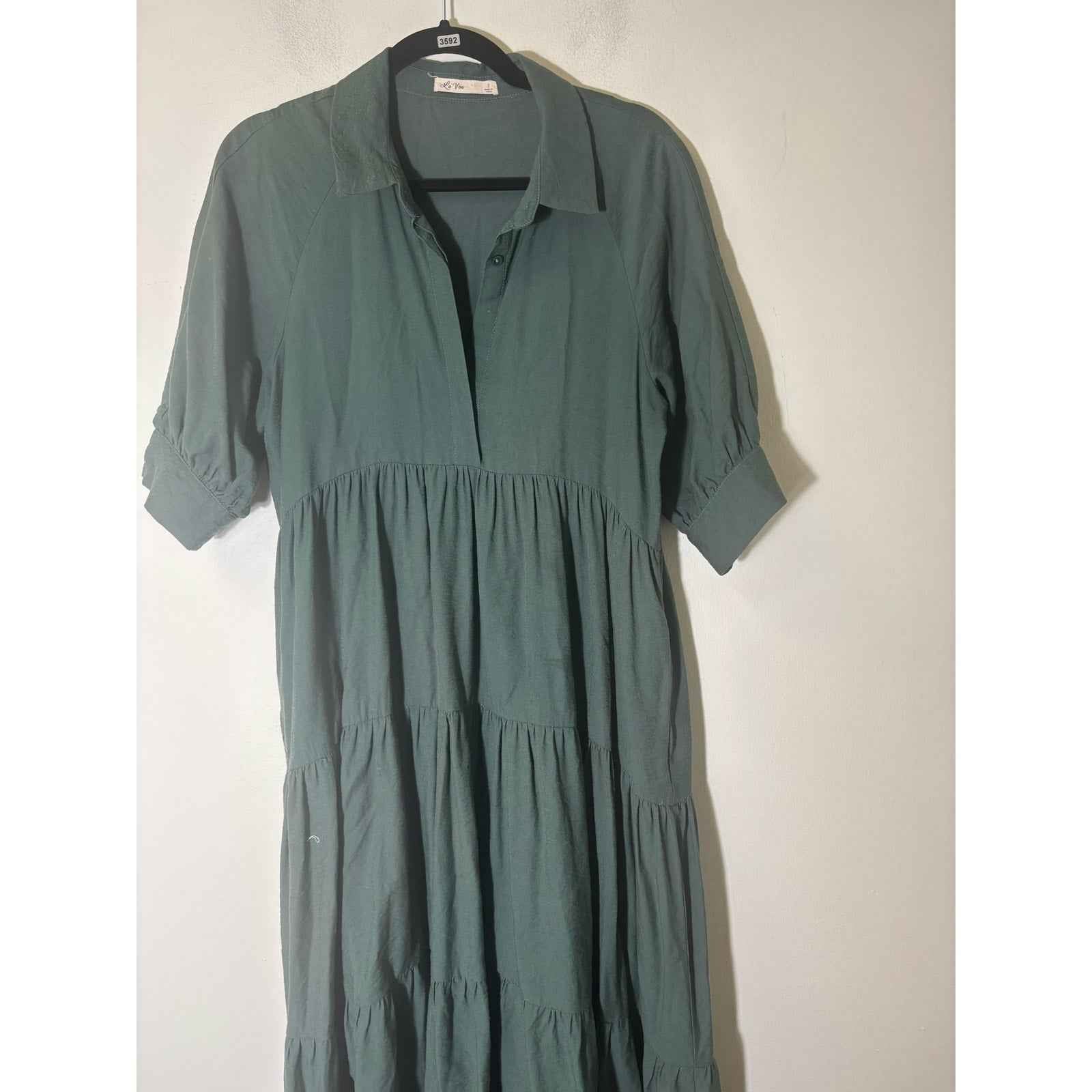 La Ven Dark Green Short Sleeve Tiered Maxi Dress Sz S