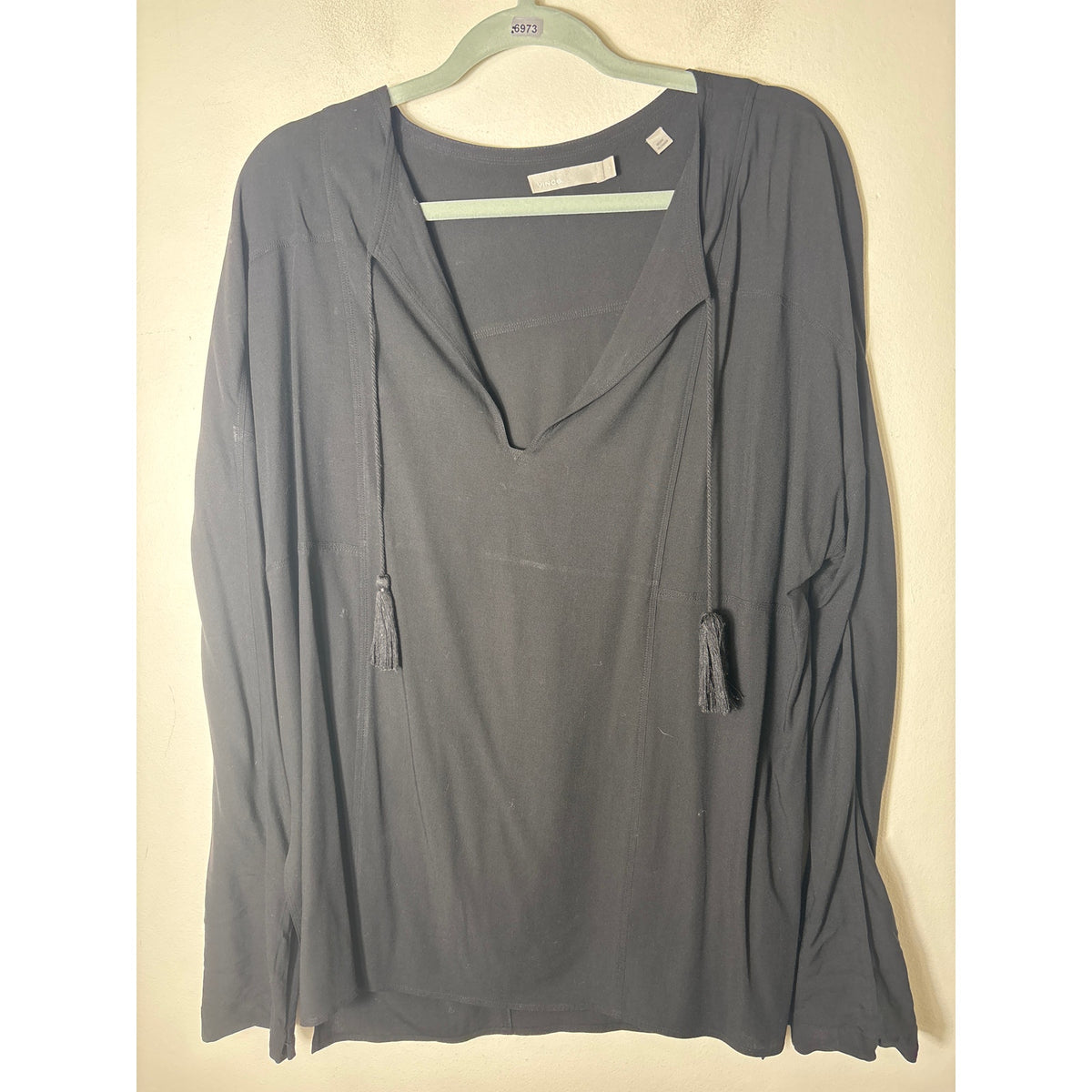 Vince Black Long Sleeve Tassle Ties Shirt Sz L