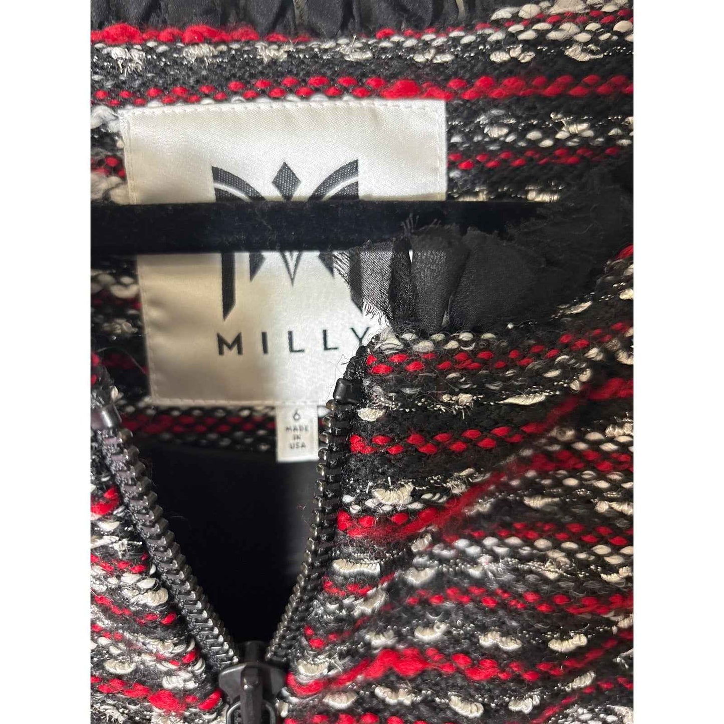 Milly Black and Red Tweed Long Sleeve Zip Up Jacket Sz 6