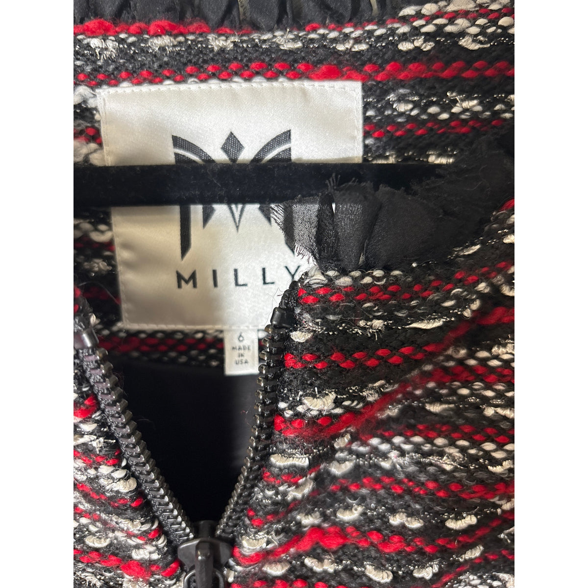 Milly Black and Red Tweed Long Sleeve Zip Up Jacket Sz 6