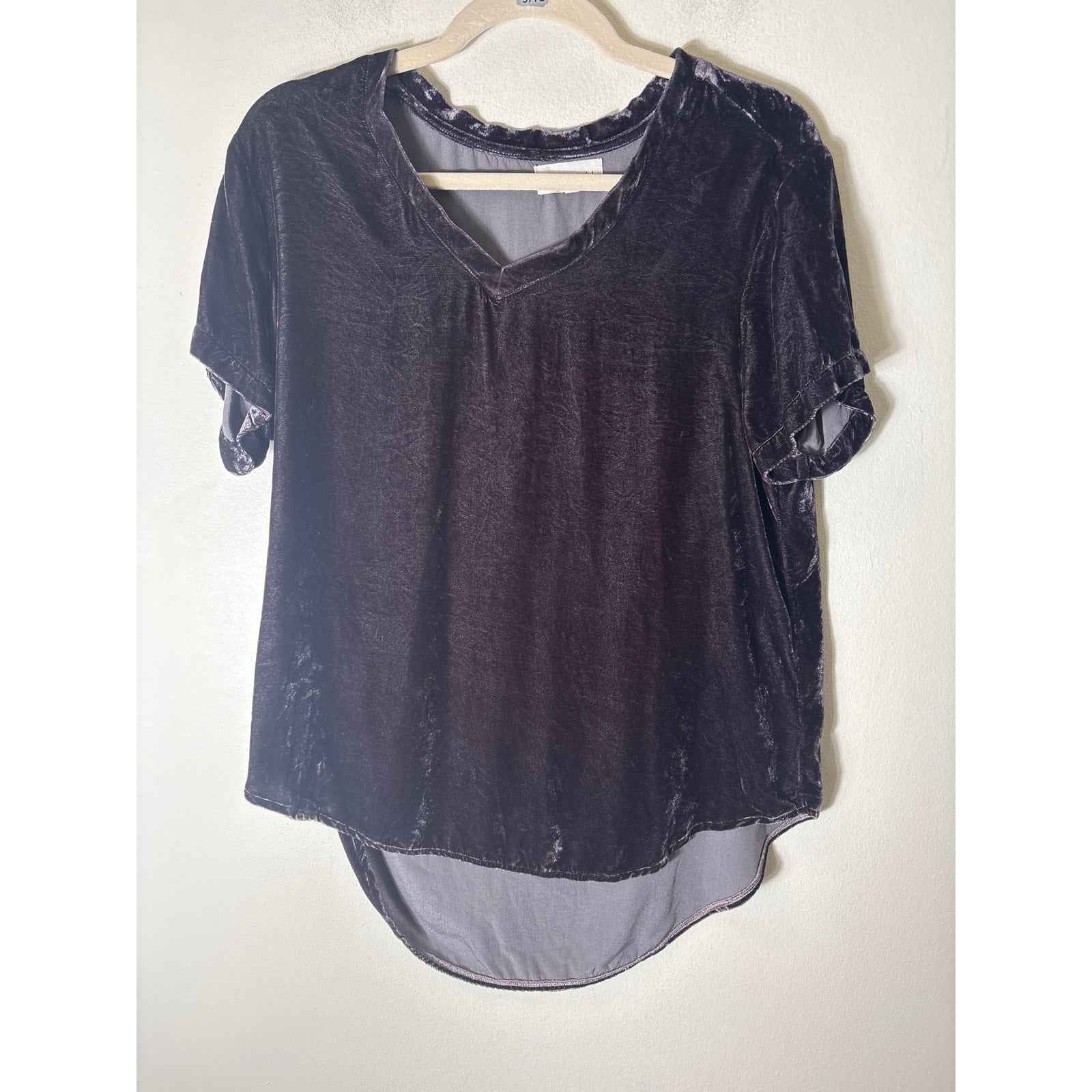 Bella Dahl Dark Purple Short Sleeve V-Neck Velvet Shirt Sz M
