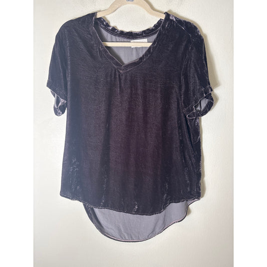 Bella Dahl Dark Purple Short Sleeve V-Neck Velvet Shirt Sz M