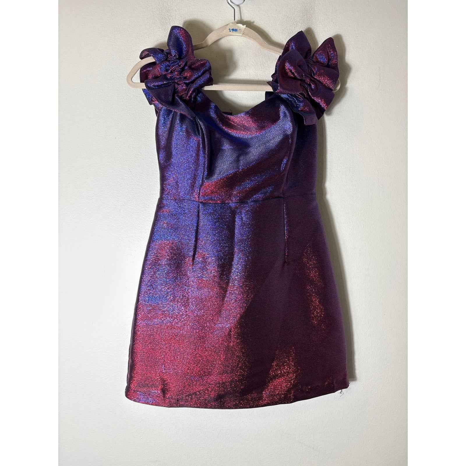 NWT DO + Be Purple/Blue Metallic Off Shoulder Body Con Mini Dress Sz S