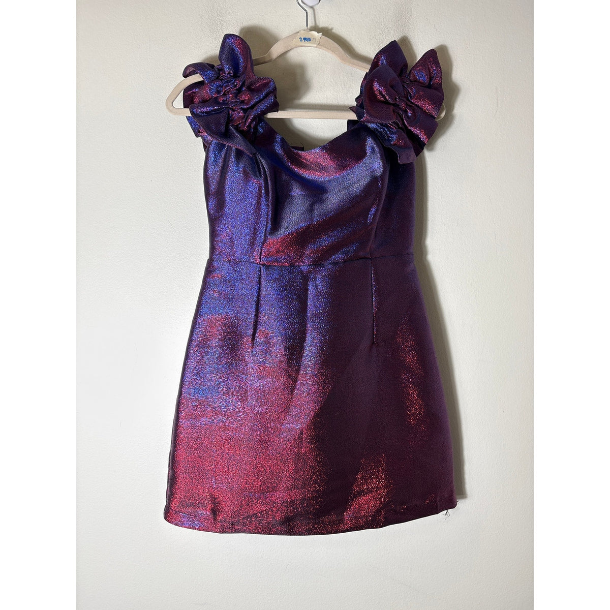 NWT DO + Be Purple/Blue Metallic Off Shoulder Body Con Mini Dress Sz S