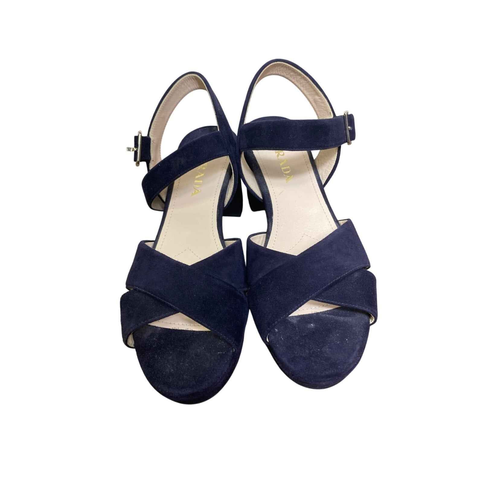 NWOB Prada Navy Blue Velvet Platform Sandel with 3" Chunky Heel Sz 38