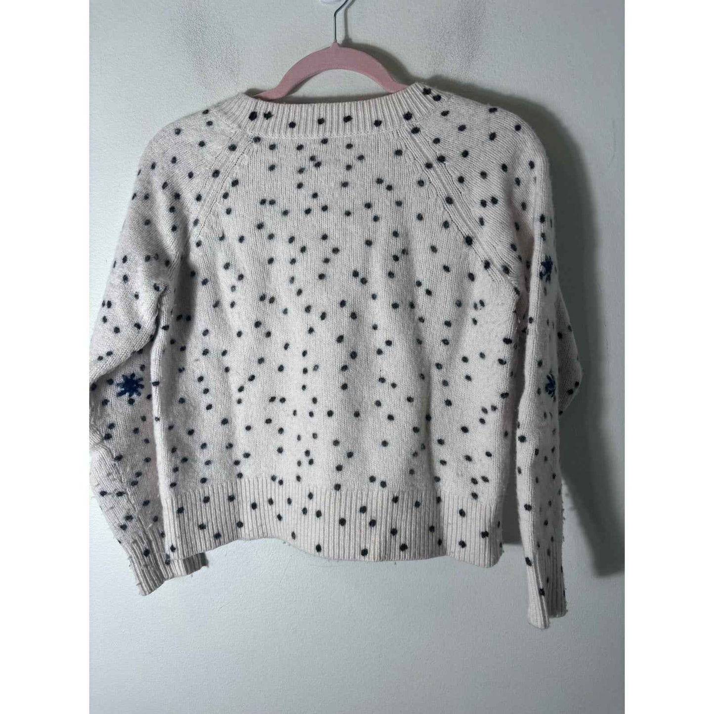 La Vie Rebecca Taylor White Long Sleeve Sweater with Black Polka Dots and Navy Blue Stars Sz M