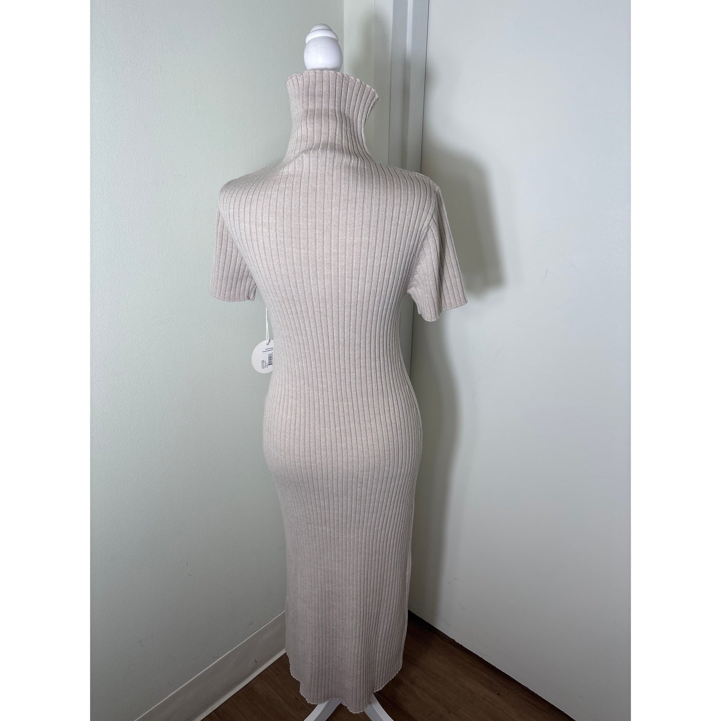NWT Staud Beige Short Sleeve Mock Neck Ribbed Sweater "lilou" Dress Sz M