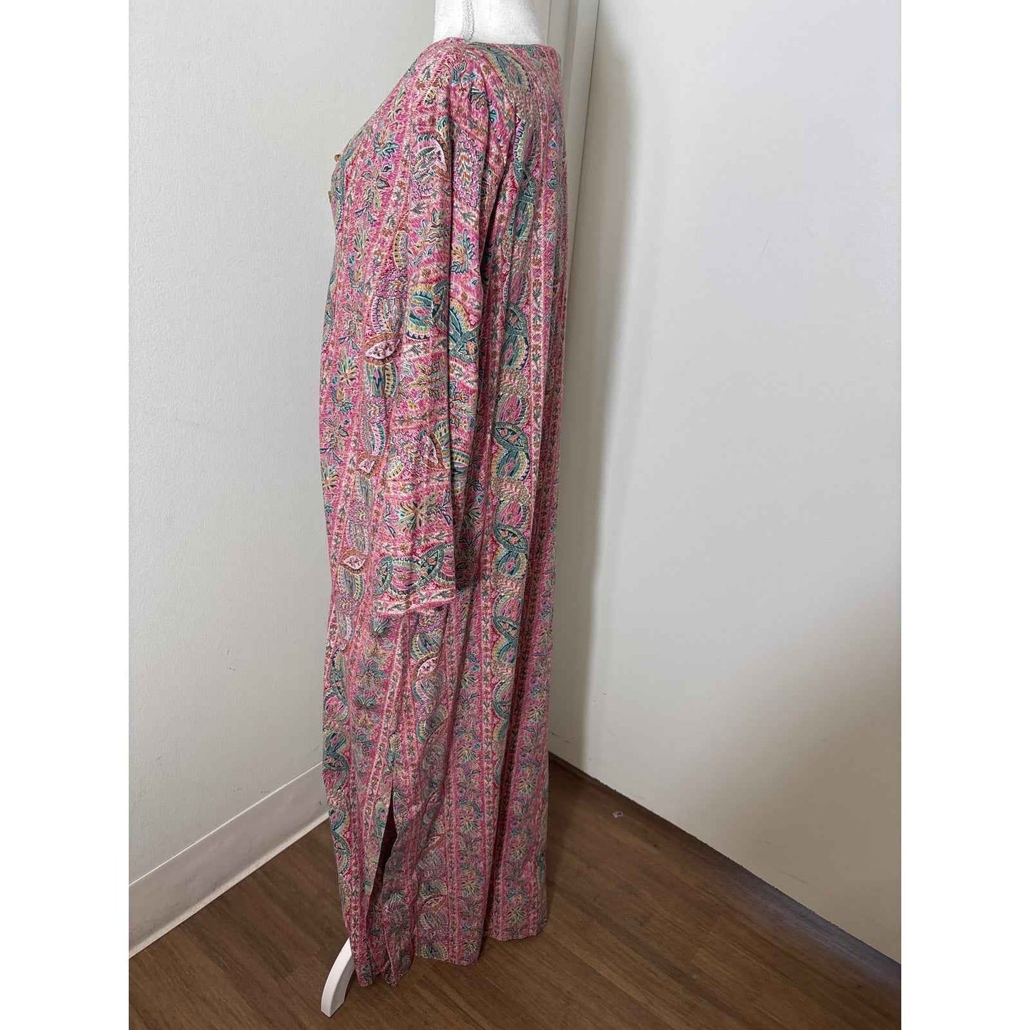 Saks Fifth Avenue Pink an Green Palm Tree Zip Up Caftan Sz M
