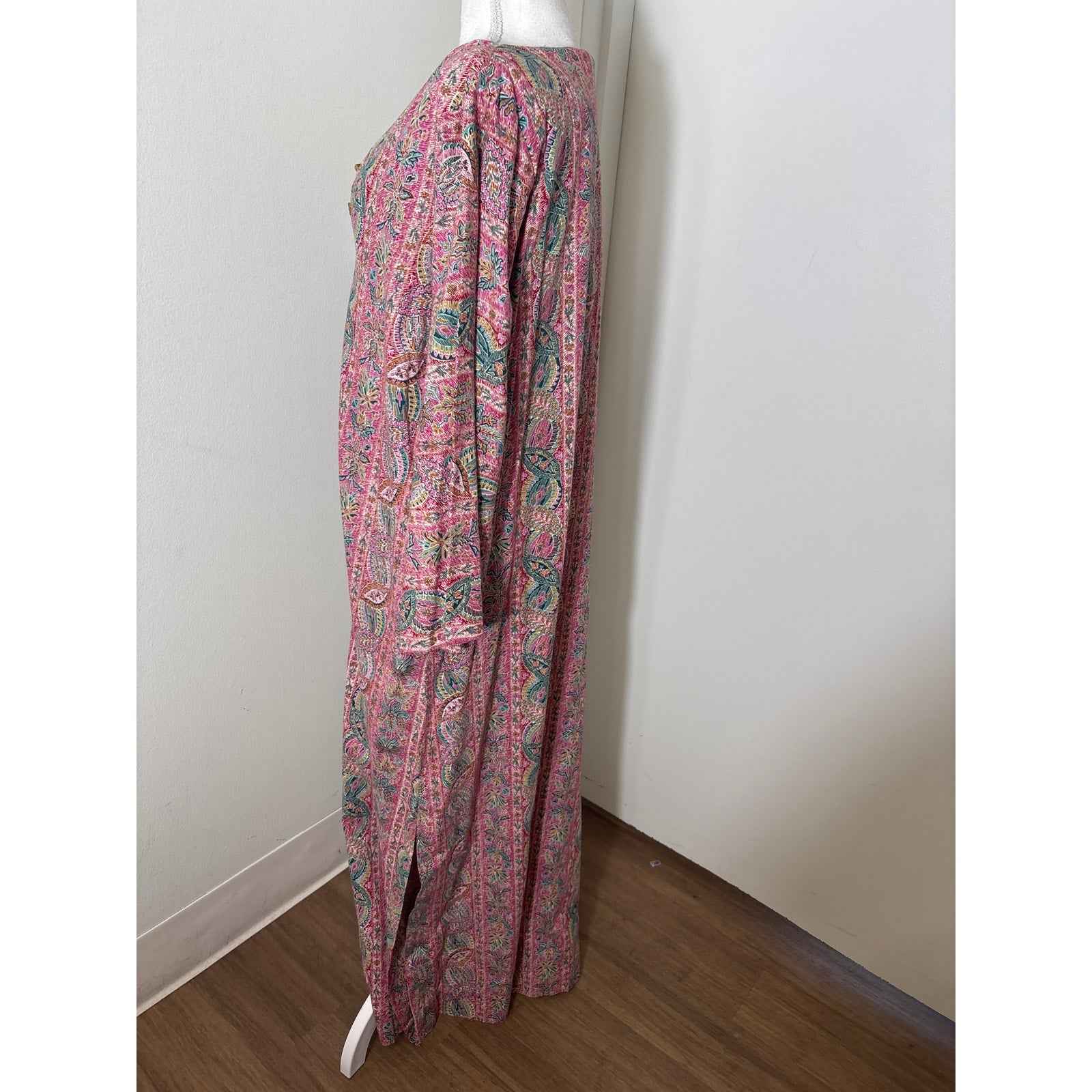 Saks Fifth Avenue Pink an Green Palm Tree Zip Up Caftan Sz M