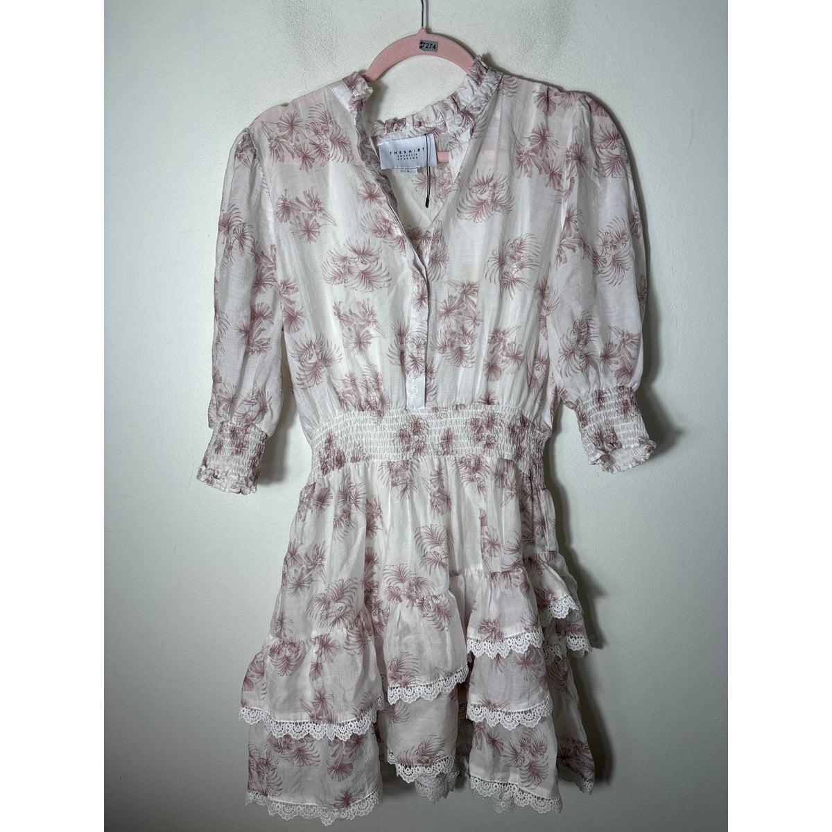 The Shirt Dress by Rochelle Behrens White Purple Knee Length Dress Sz L