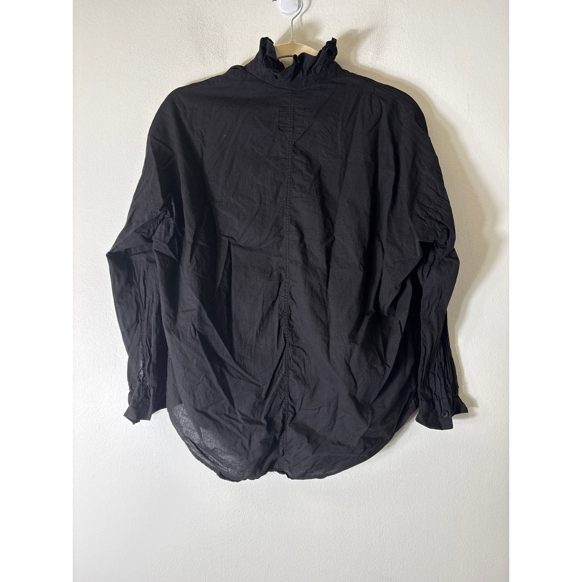 A Shirt Thing Black Long Sleeve Cotton Ruffle Collar Shirt Sz P