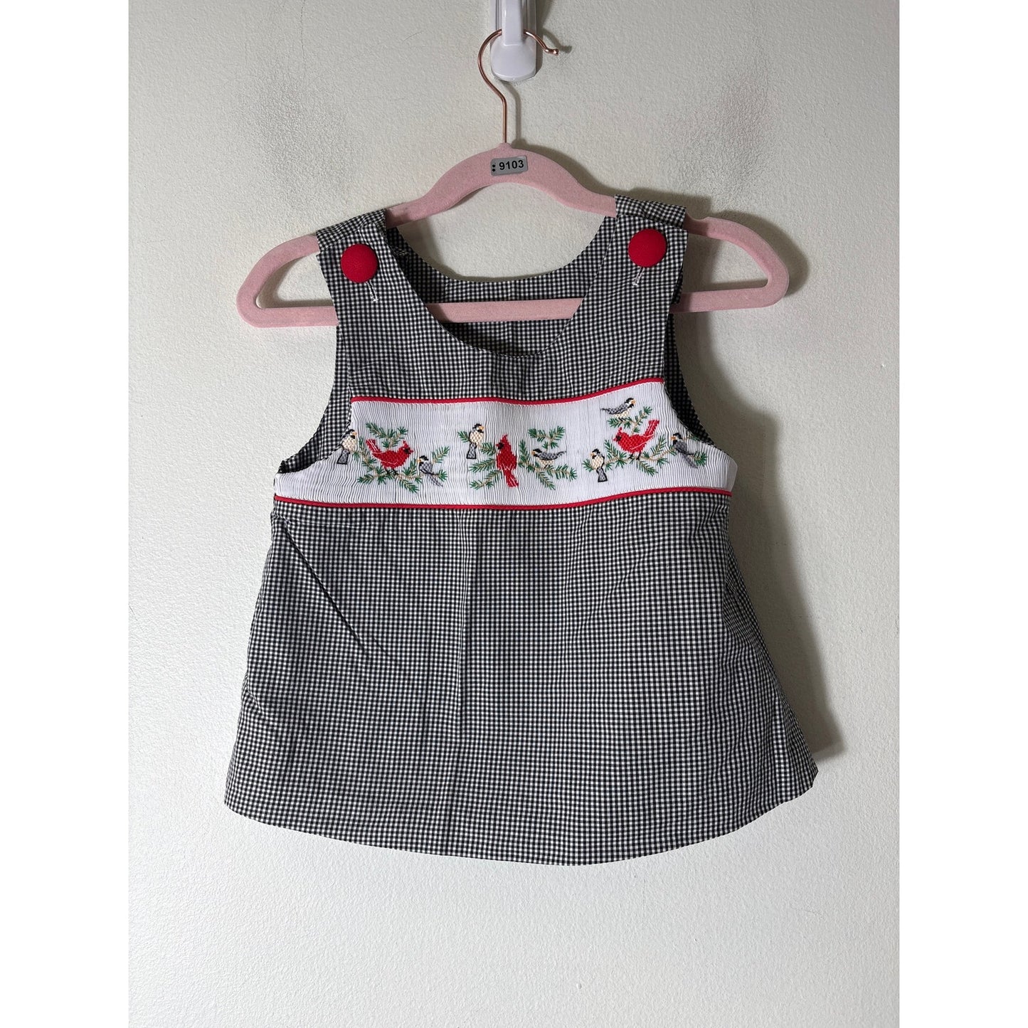 Girls Vintage Beaux et Belles Black and white check smocked Top w Cardinals sz 3