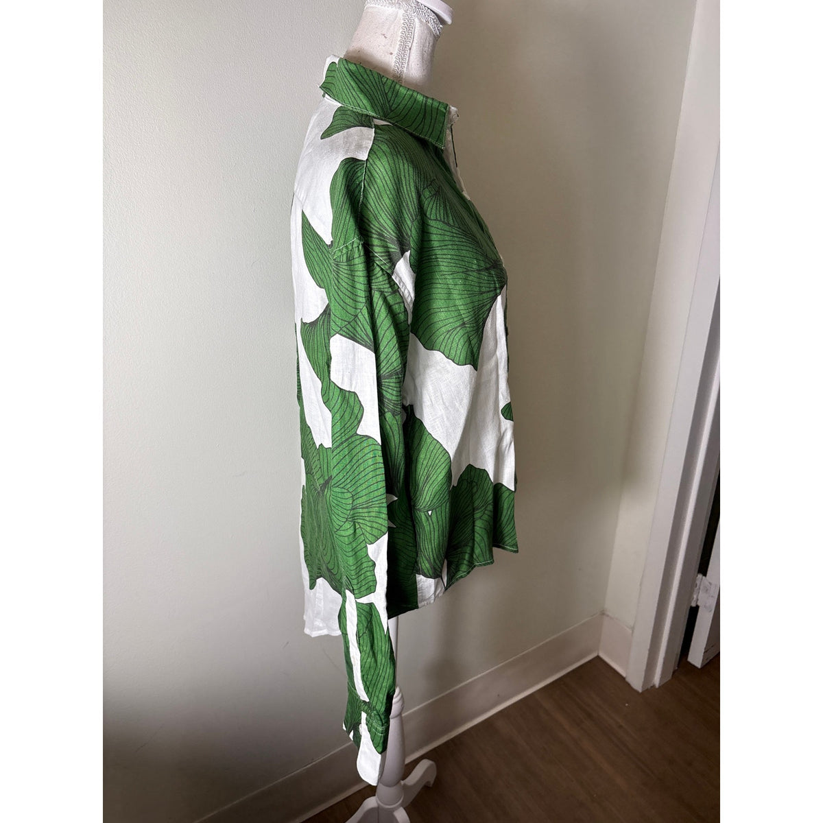 Emily Phillips Linen Green and White Leaf Button Up Shirt Sz XL