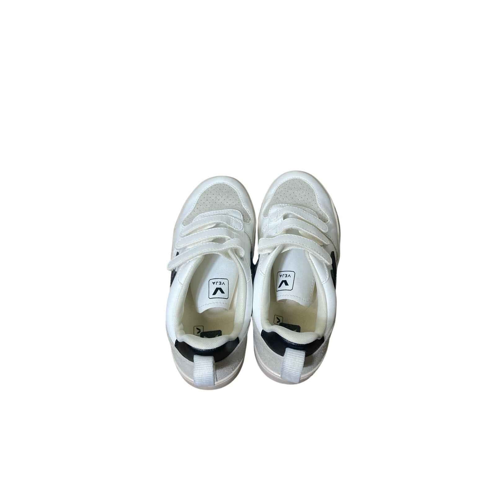 Kids Veja White Triple Velcro W Black Heel Sz 3