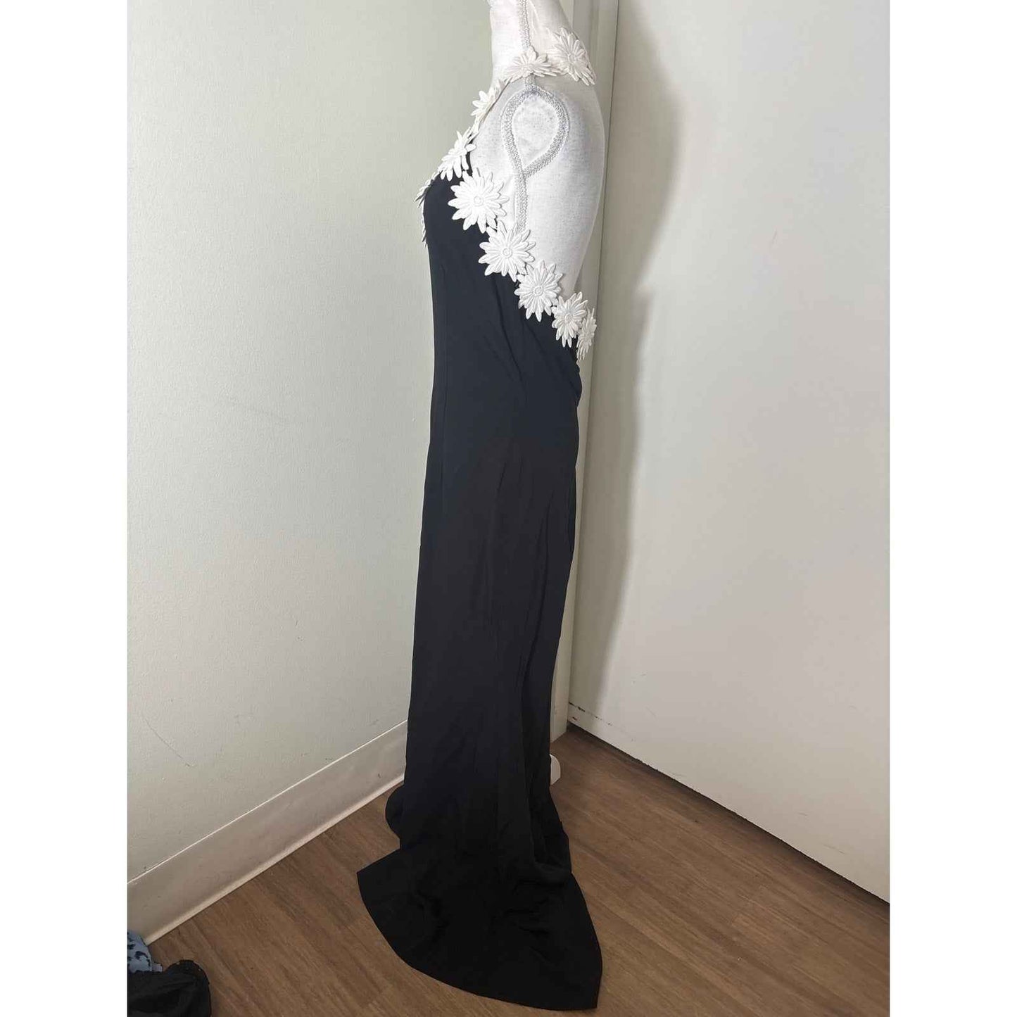 NK32 Naeem Khan Black One Shoulder Floral Strap Floor Length Dress sz 12