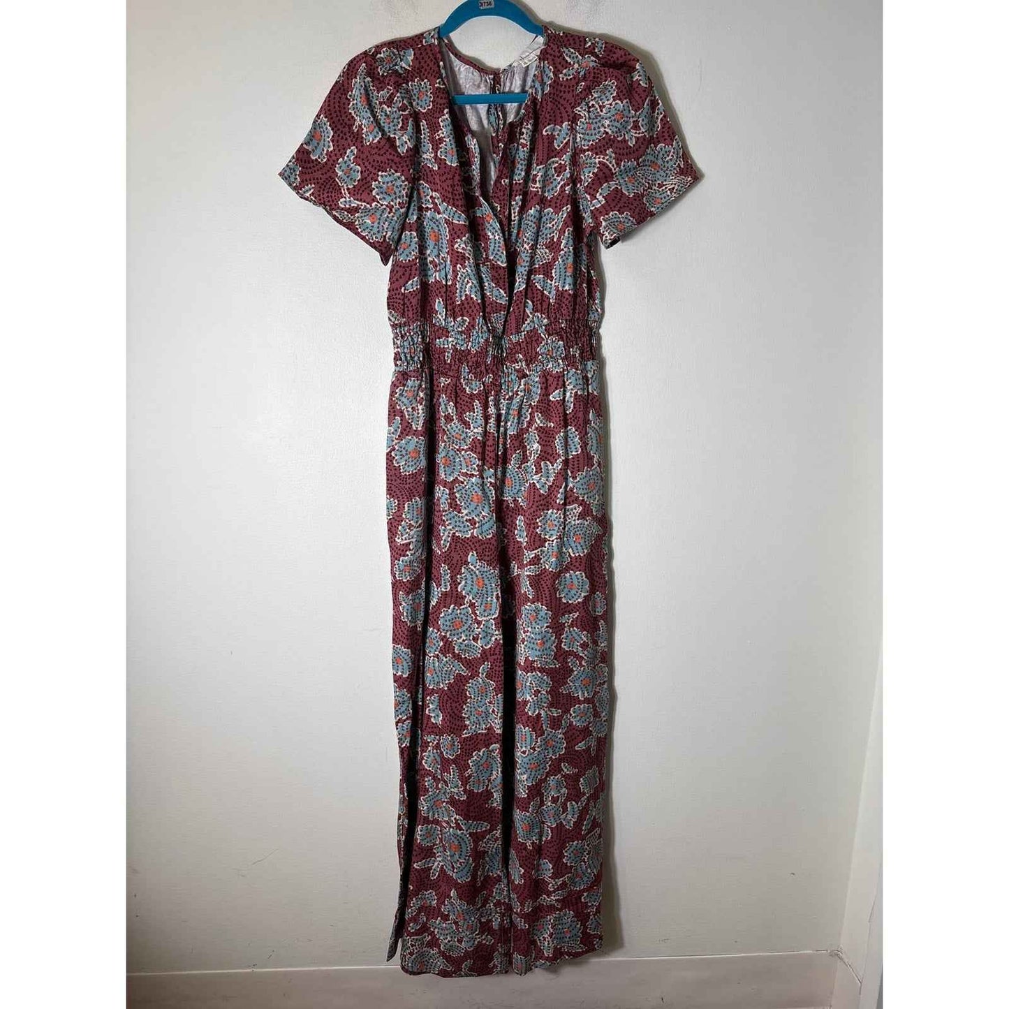 by Anthropologie Plum and Teal Short Sleeve Jumpsuit Sz M