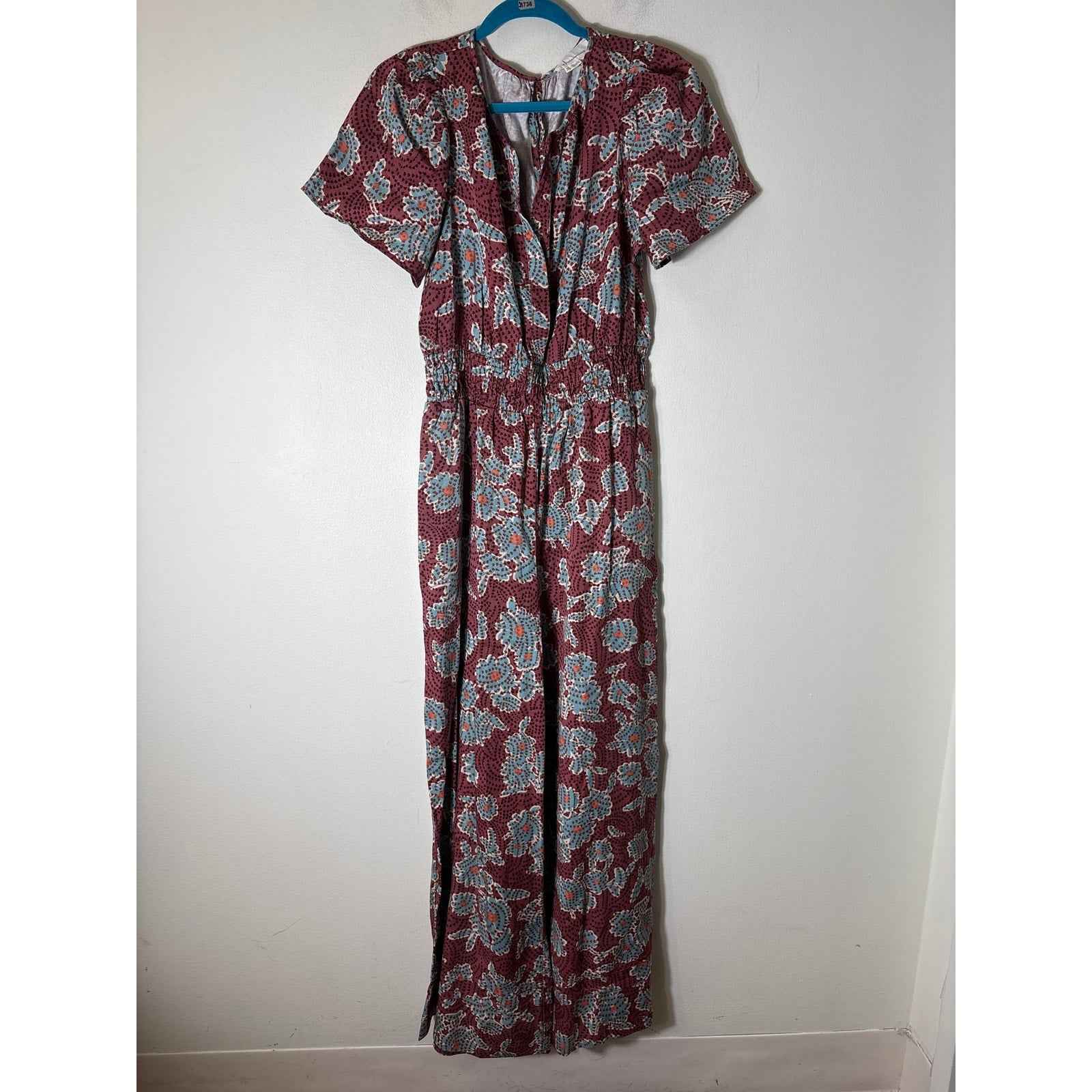 by Anthropologie Plum and Teal Short Sleeve Jumpsuit Sz M