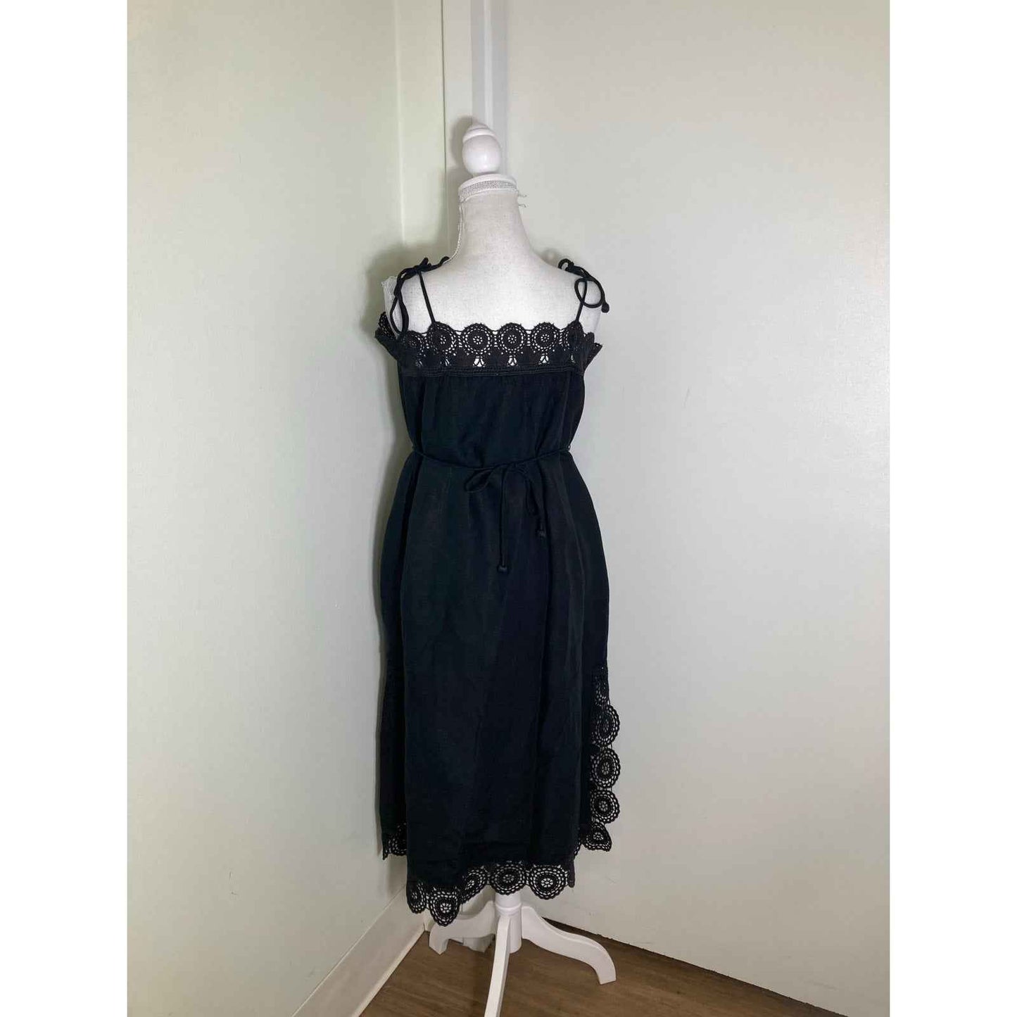 Sea Black Linen Spaghetti Tie Strap Dress Sz S