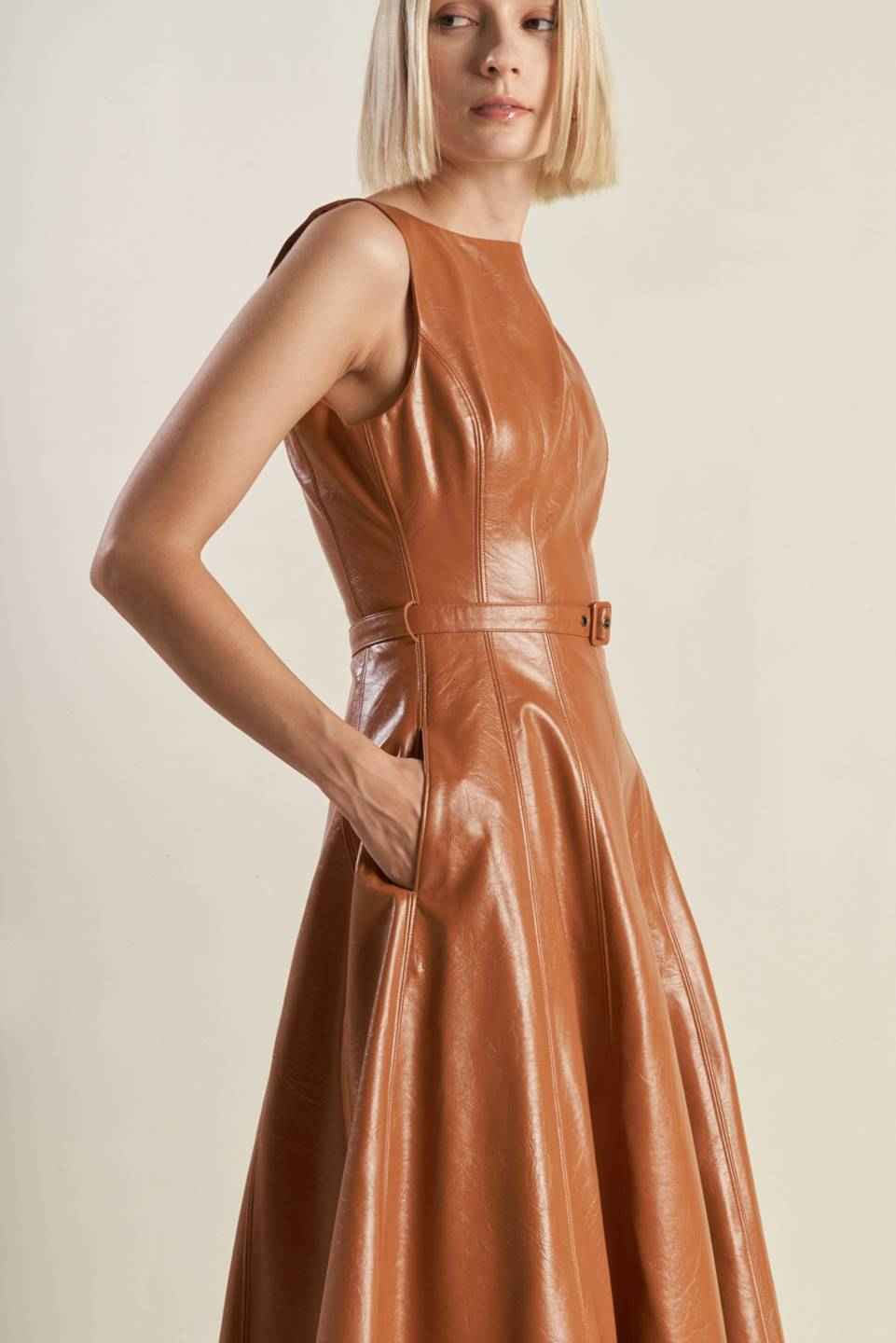 LUNAR SYMPHONY FAUX LEATHER MIDI DRESS