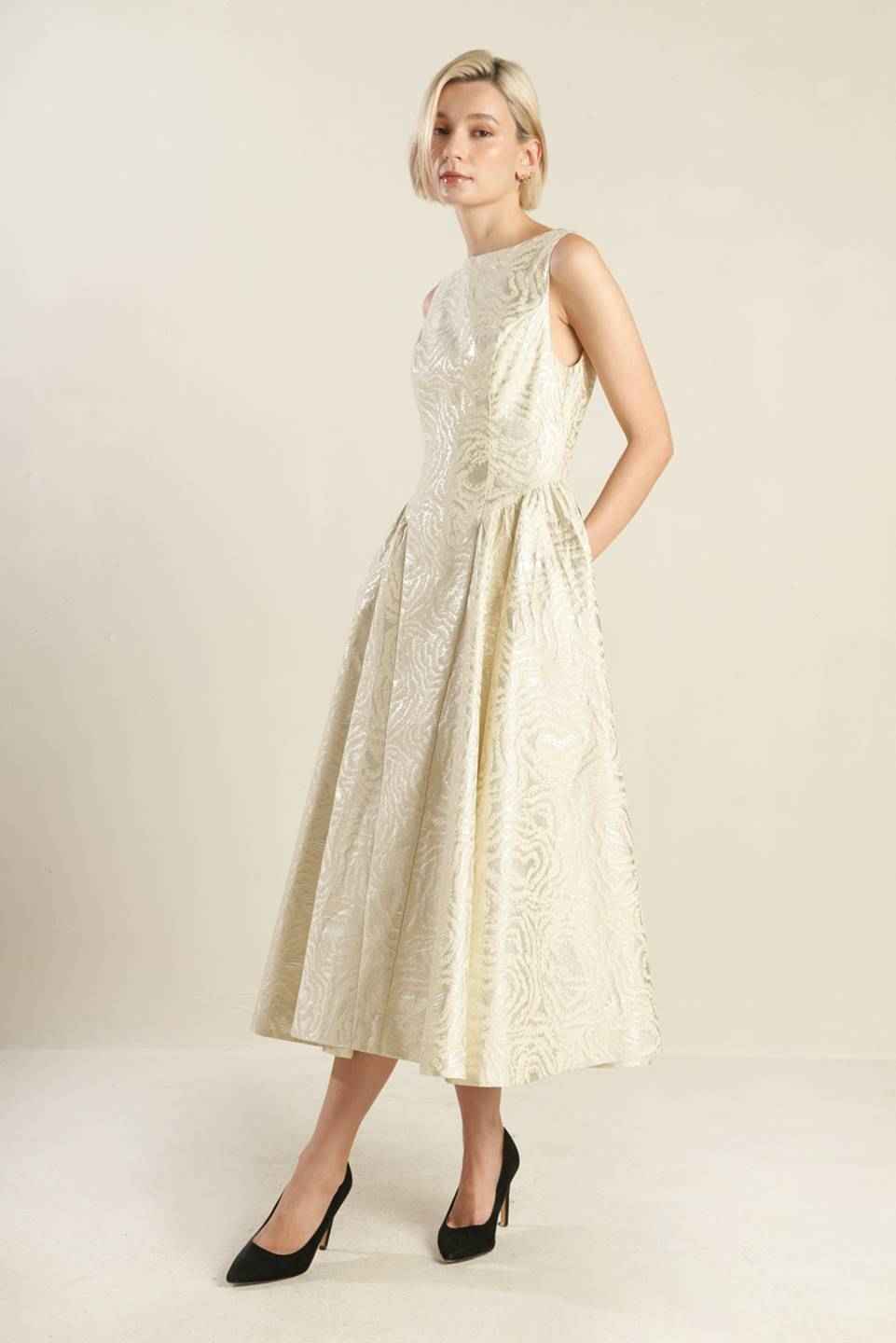 CHECK YOURSELF CHAMPAGNE WOVEN MIDI DRESS