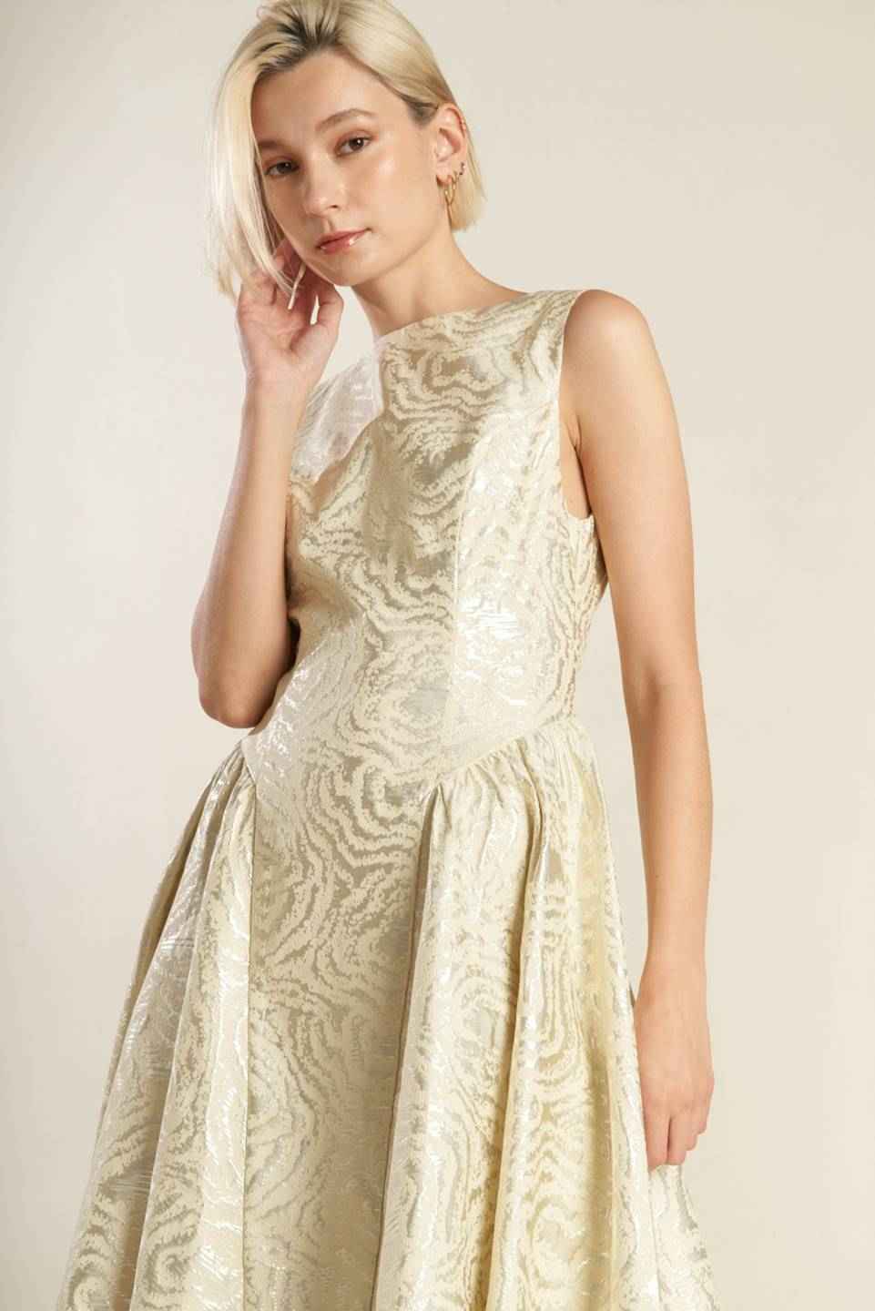 CHECK YOURSELF CHAMPAGNE WOVEN MIDI DRESS