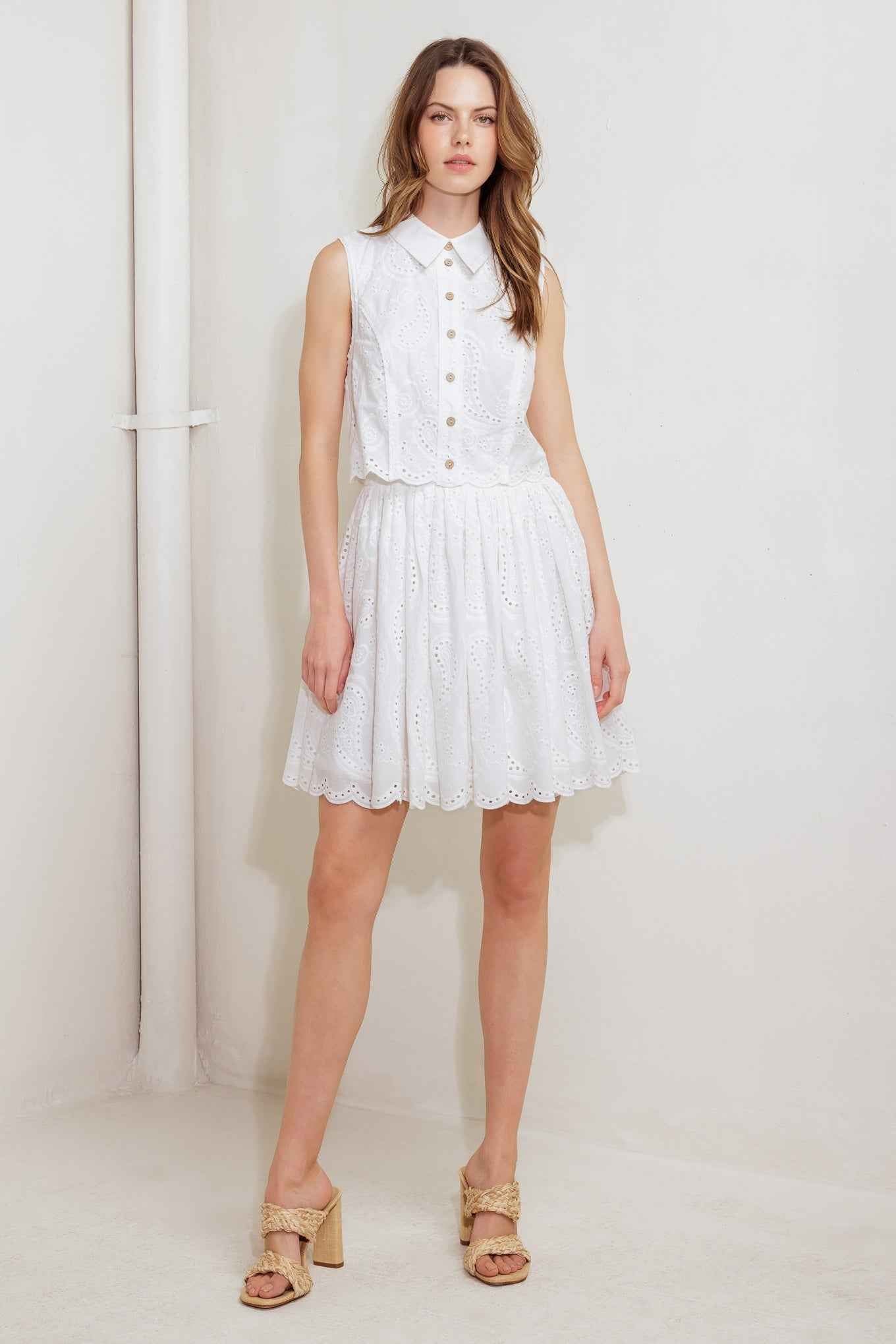 LEAF KISS WHITE WOVEN EYELET MINI DRESS