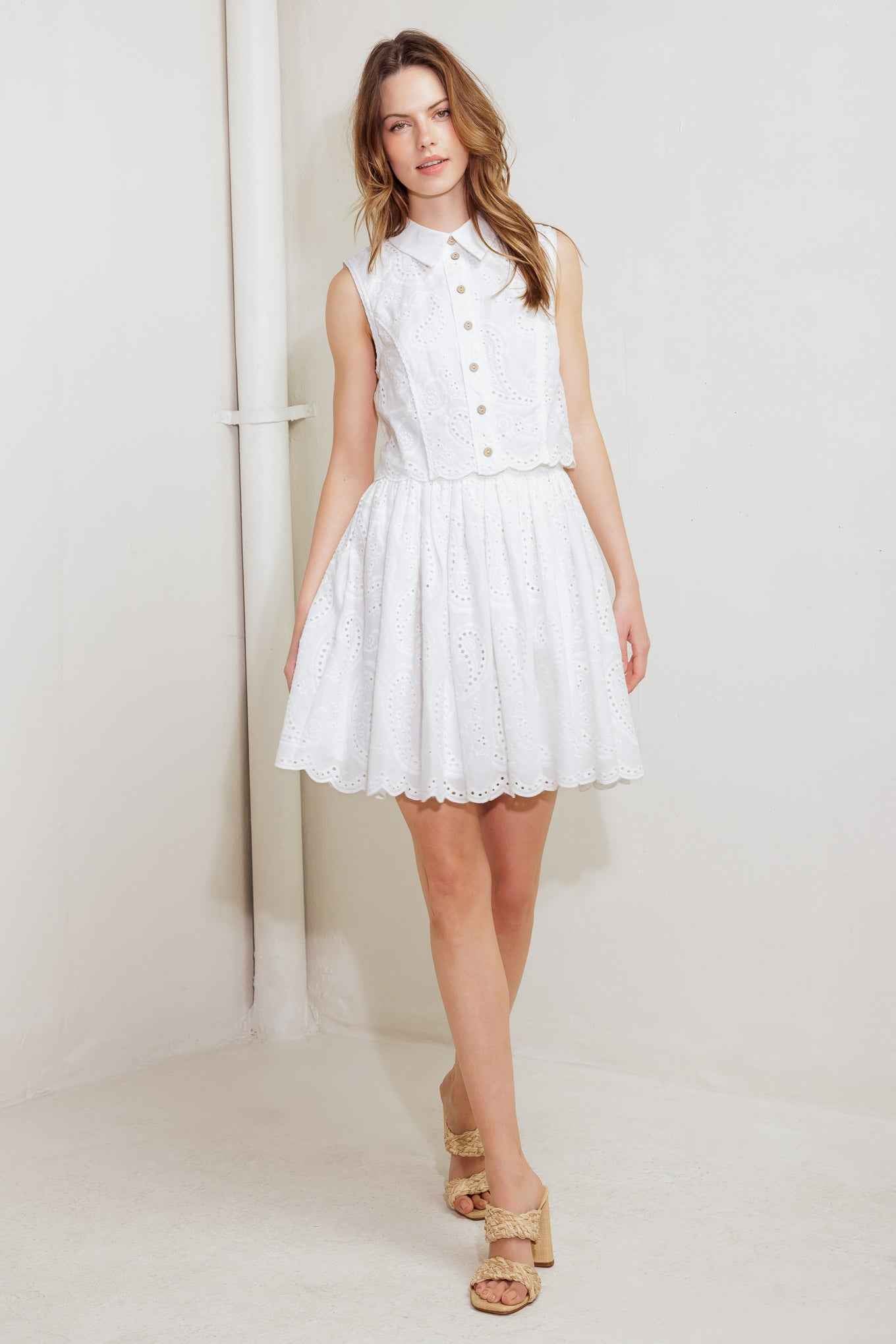 LEAF KISS WHITE WOVEN EYELET MINI DRESS