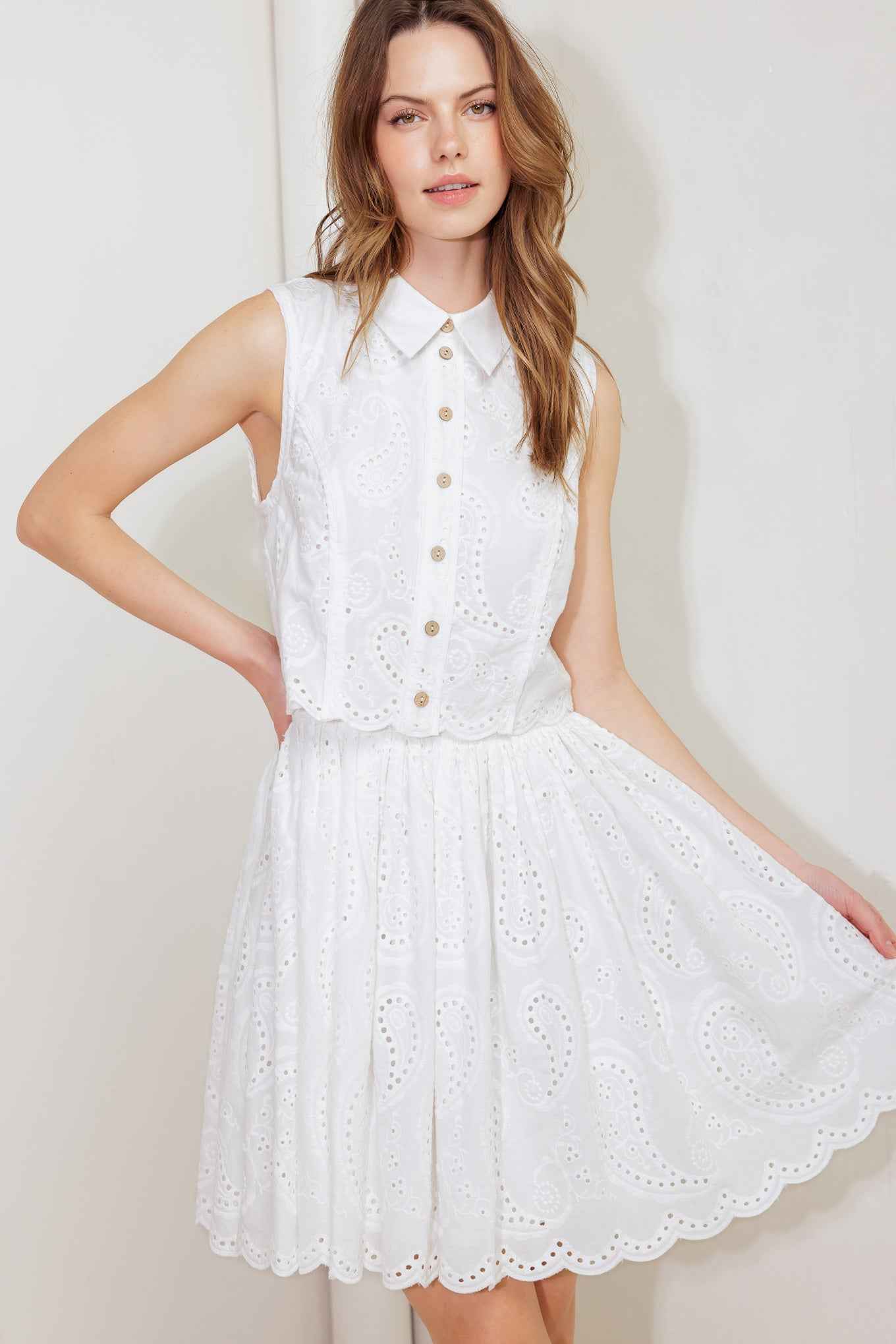 LEAF KISS WHITE WOVEN EYELET MINI DRESS