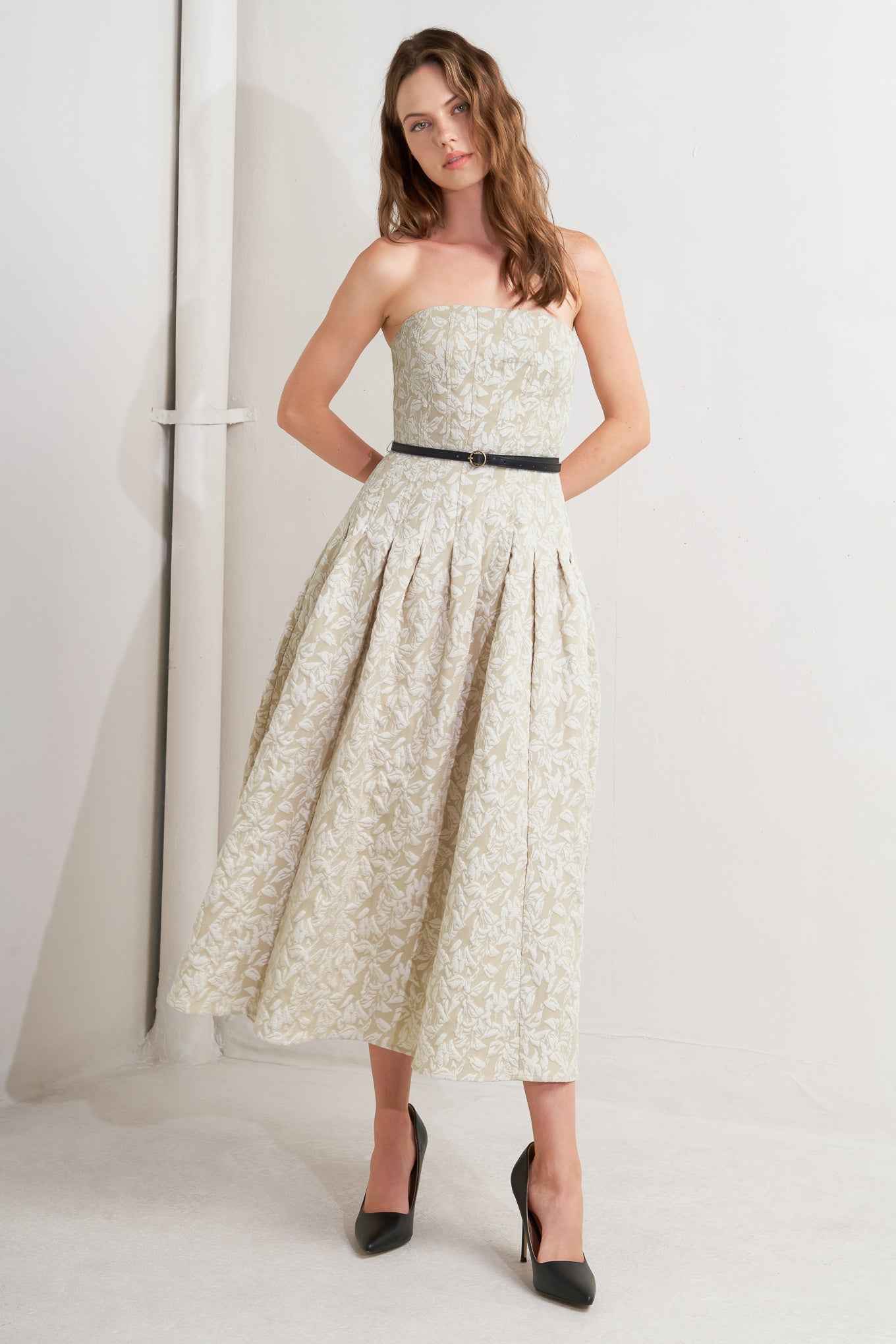 WHISPER LEAF WOVEN MIDI DRESS