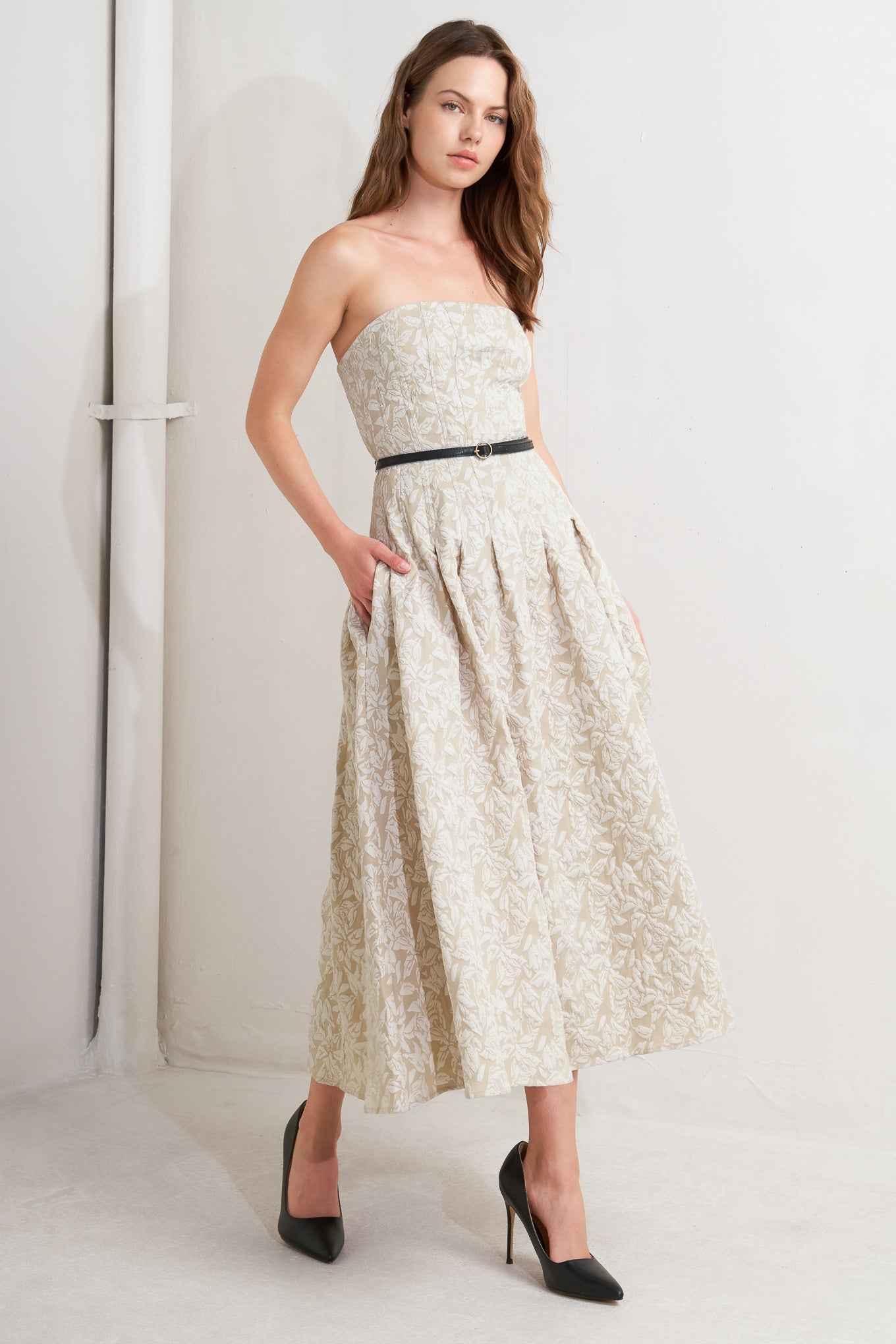 WHISPER LEAF WOVEN MIDI DRESS