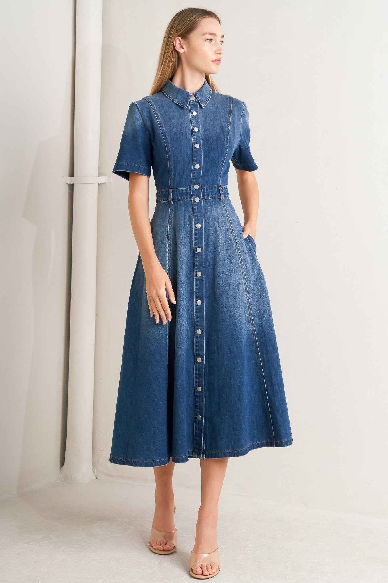 ELEGANT TOUCH DENIM MIDI DRESS