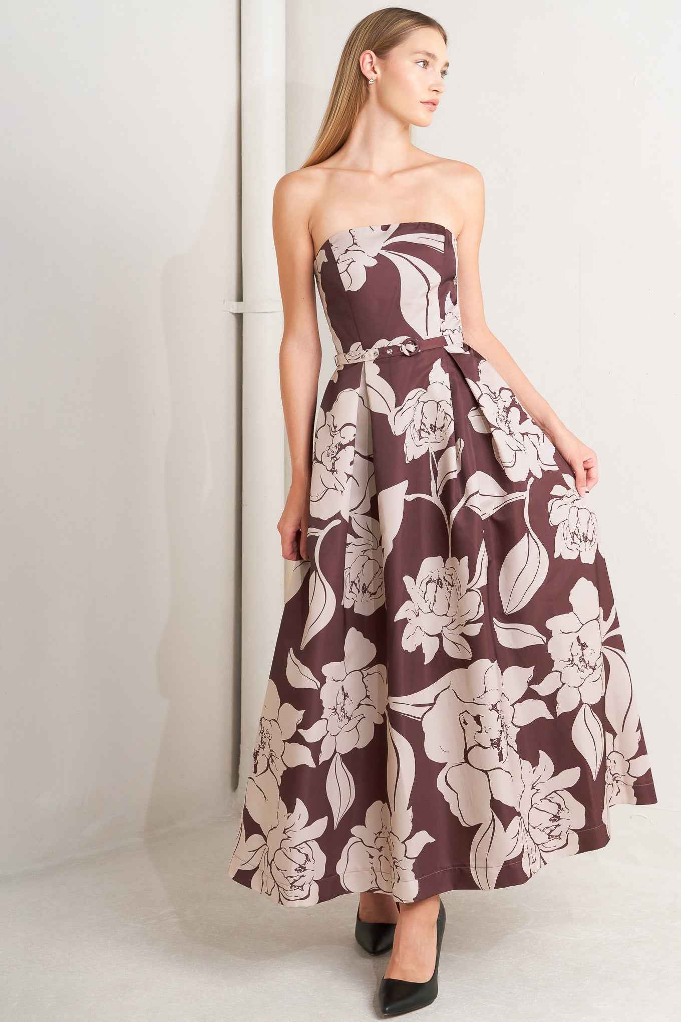 VINTAGE BLOOM STRAPLESS WOVEN MIDI DRESS