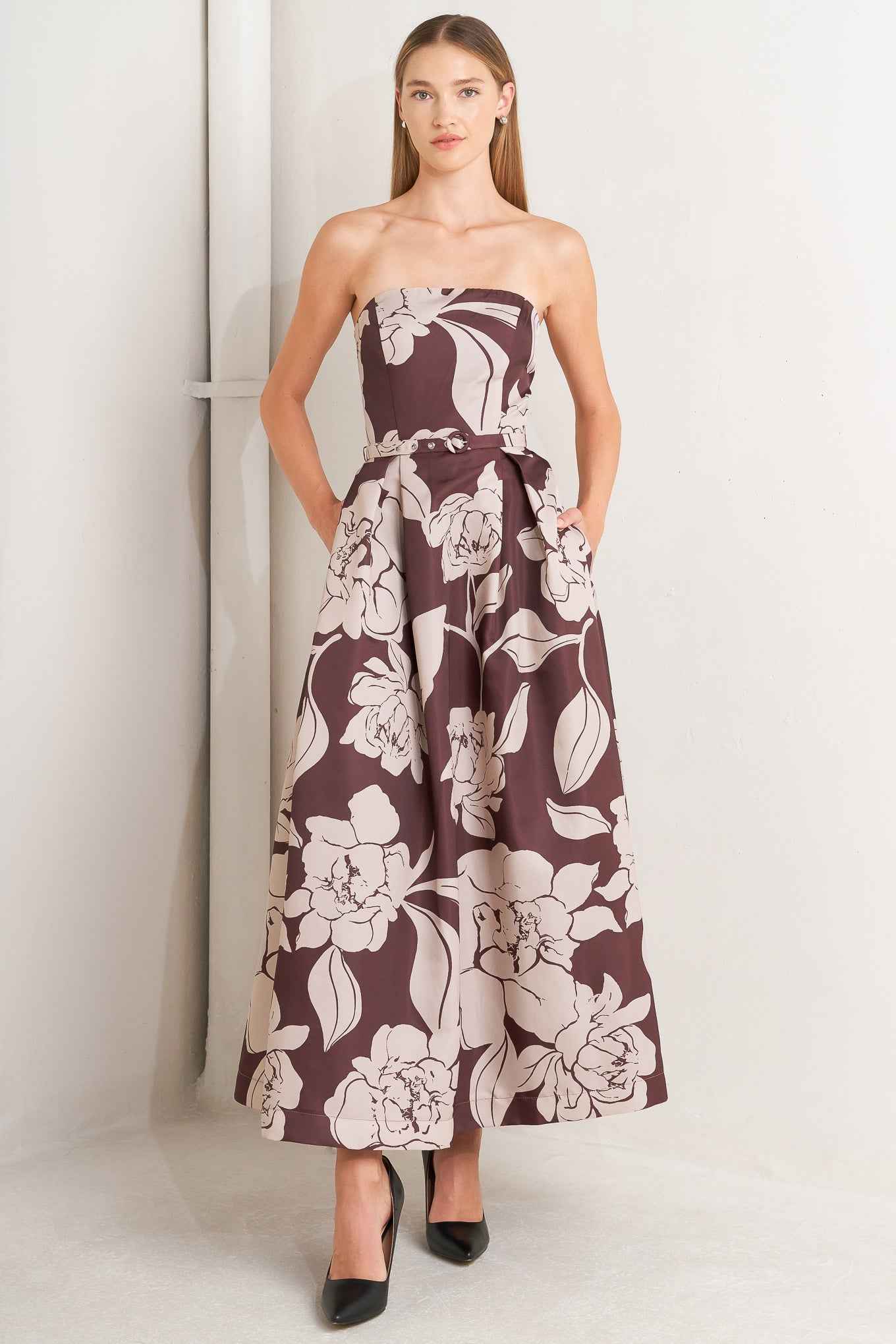VINTAGE BLOOM STRAPLESS WOVEN MIDI DRESS
