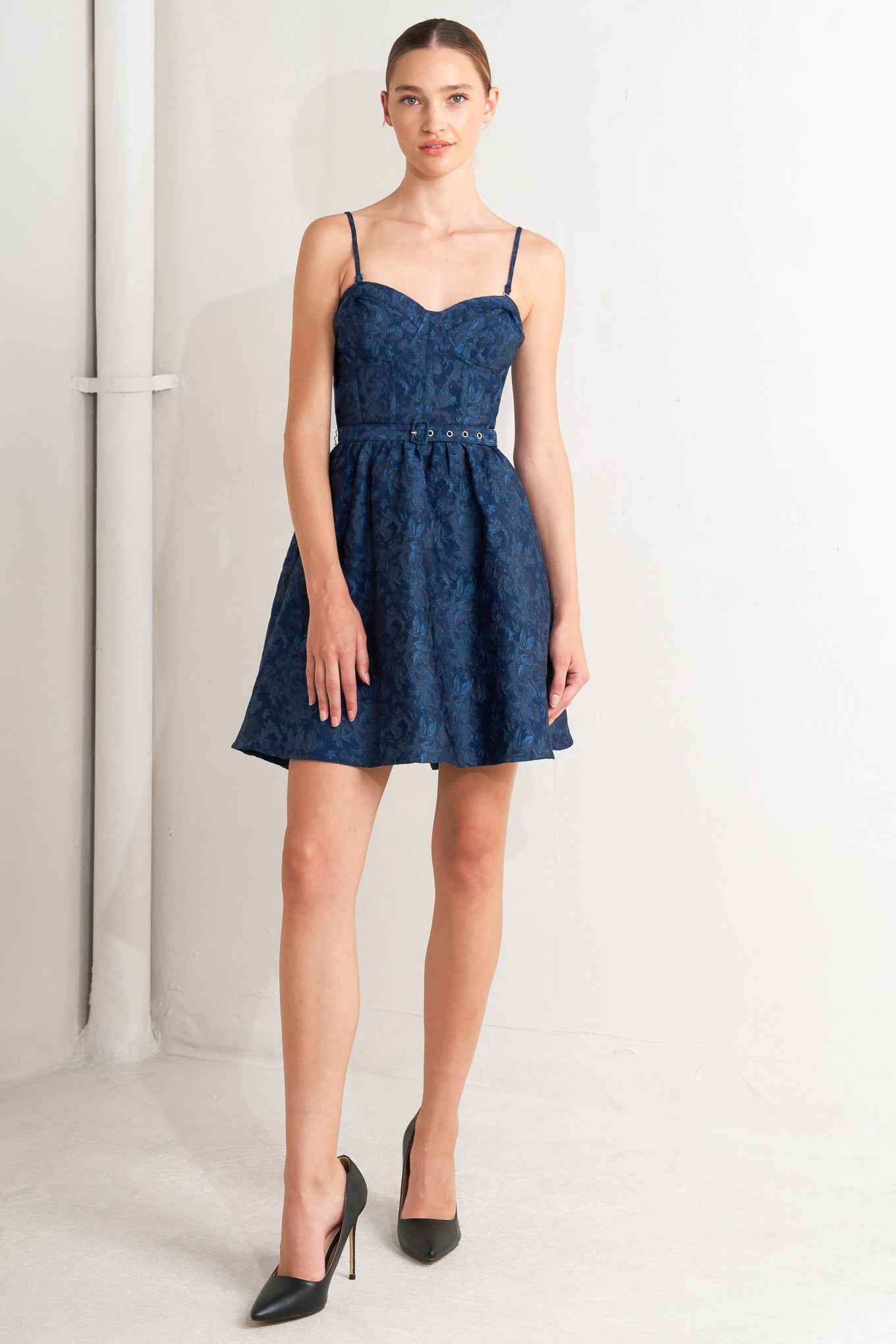 NAVY ROMANCE WOVEN JACQUARD MINI DRESS