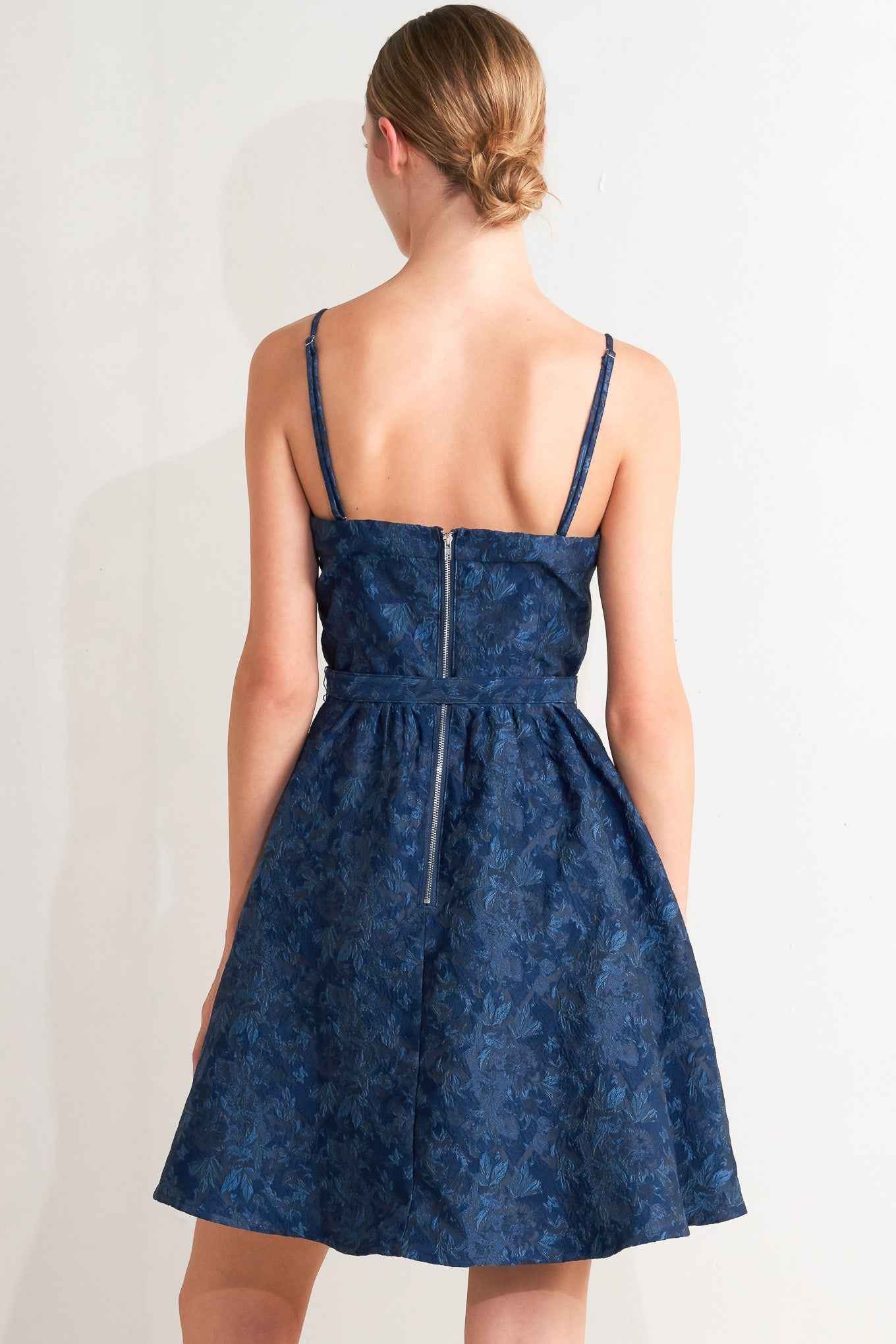 NAVY ROMANCE WOVEN JACQUARD MINI DRESS