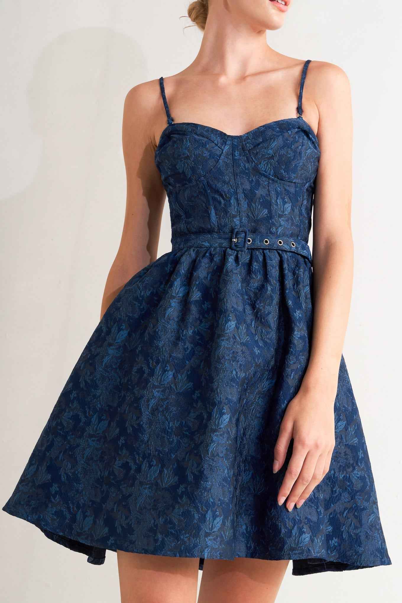 NAVY ROMANCE WOVEN JACQUARD MINI DRESS