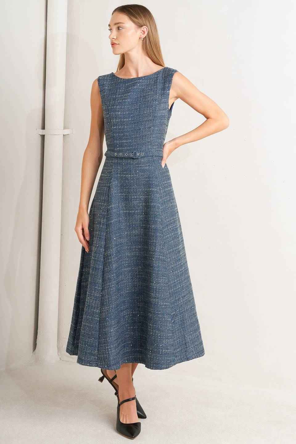 VINTAGE VIBE BOUCLÉ WOVEN TWEED MIDI DRESS