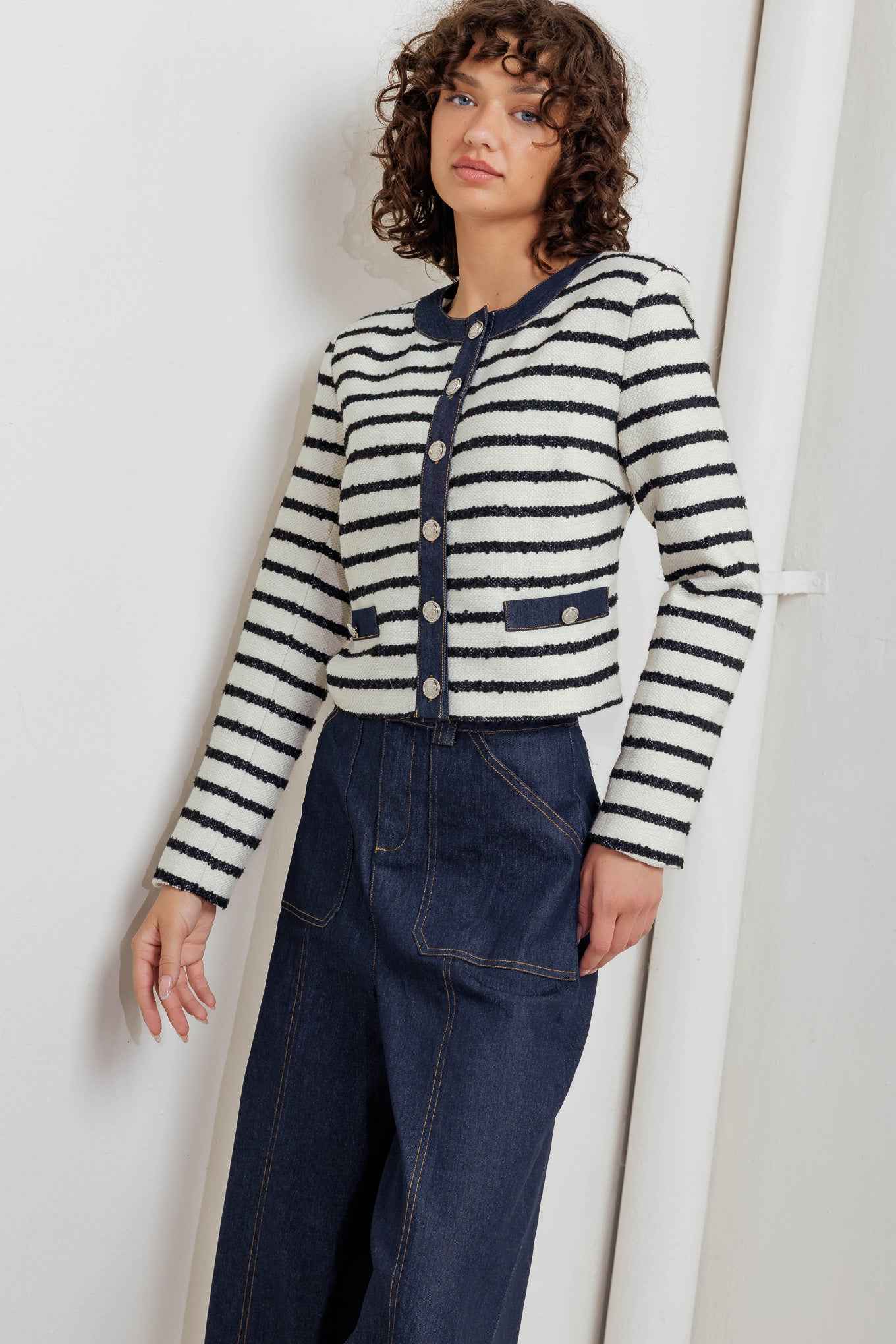 BONJOUR STRIPE WOVEN CROP JACKET
