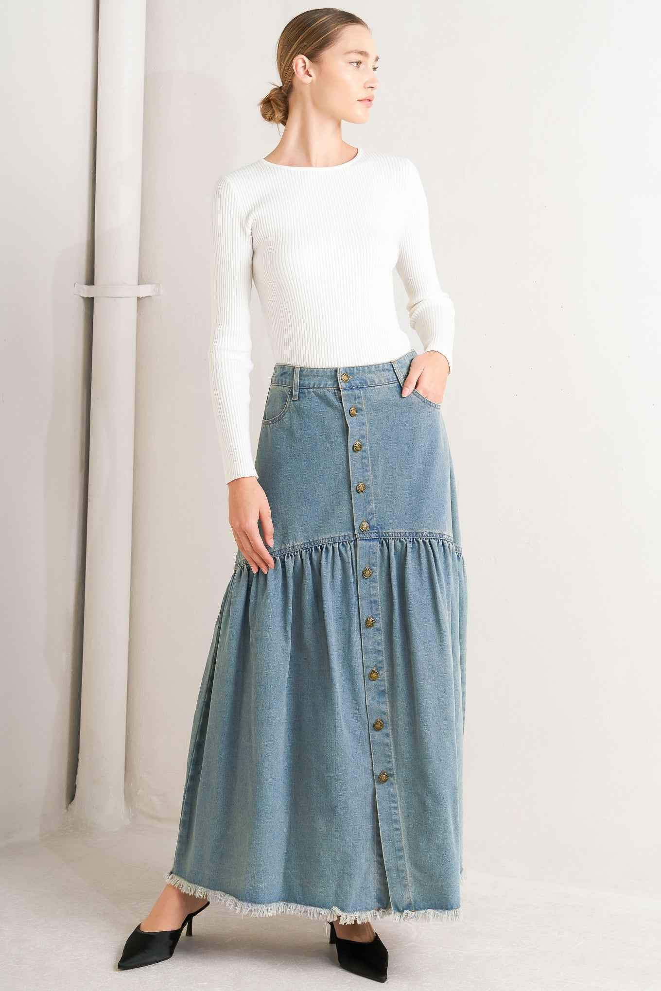 INTRICATE CHARM DENIM MIDI SKIRT